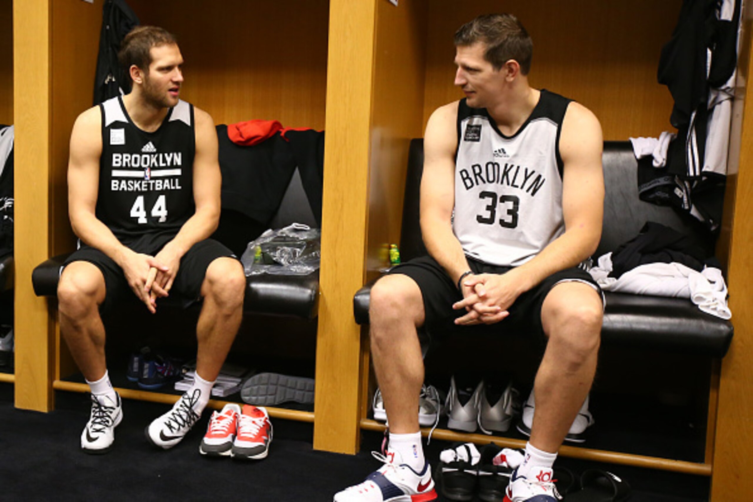 EAST RUTHERFORD, NJ - OCTOBER 05: Bojan Bogdanovic and Mirza Teletovic of the Brooklyn Nets during practice on October 05, 2014 at the Brooklyn Nets practice facility in East Rutherford, New Jersey.  NOTE TO USER: User expressly acknowledges and agrees th
