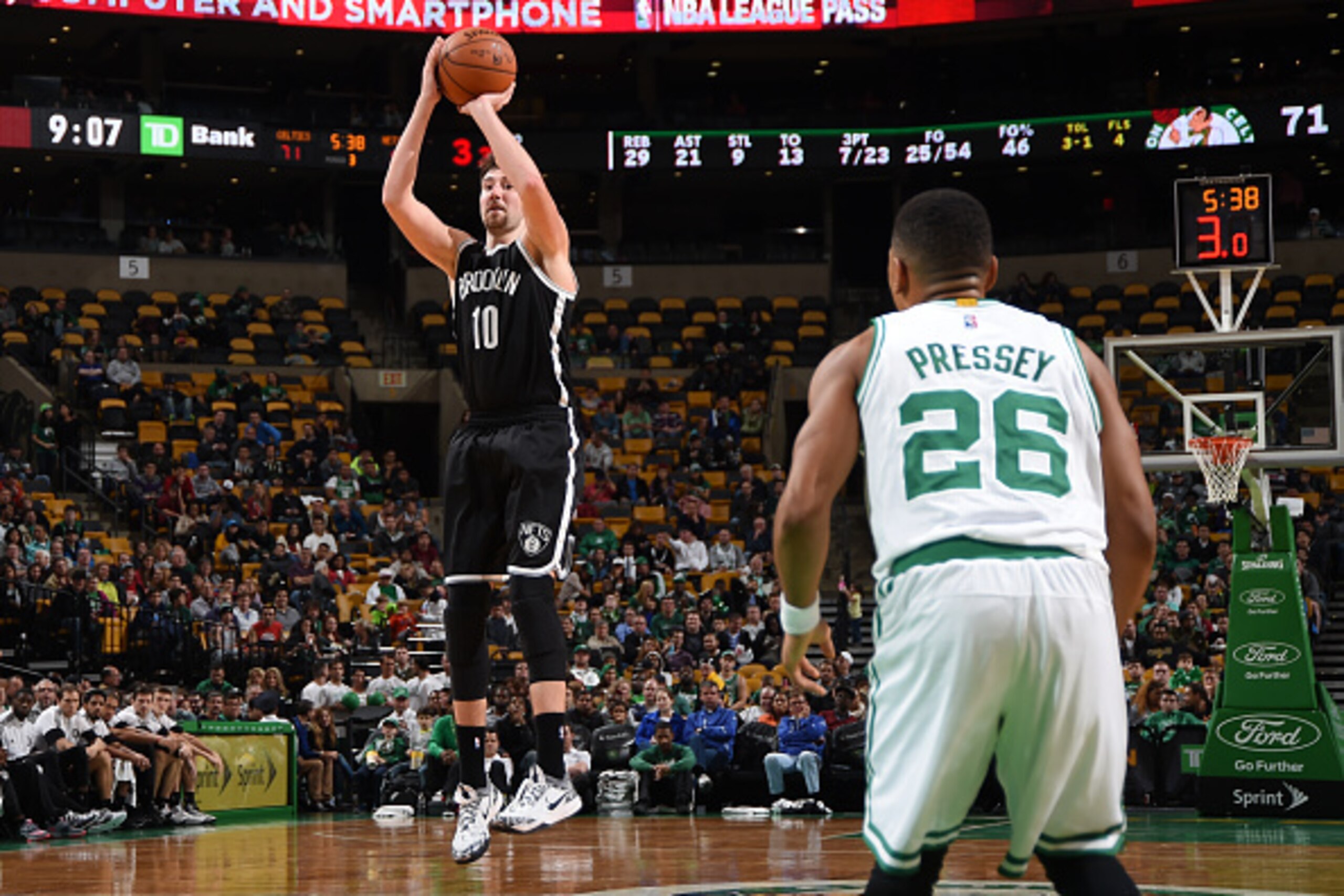 BOSTON, MA - OCTOBER 22: Sergey Karasev #10 of the Brooklyn Nets shoots against the Boston Celtics during the game on October 22, 2014 at the TD Garden in Boston, Massachusetts.  NOTE TO USER: User expressly acknowledges and agrees that, by downloading an