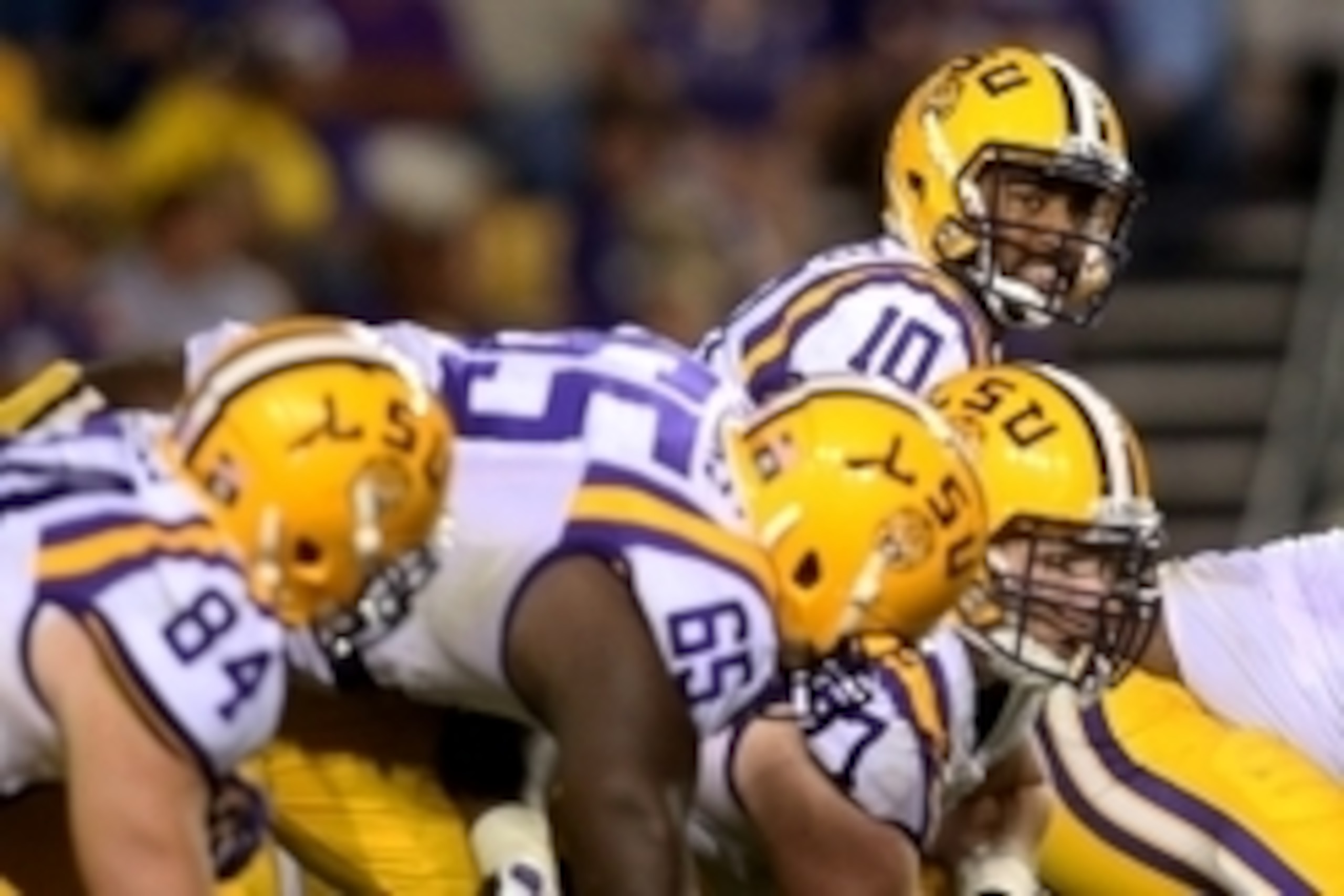 Oct 18, 2014; Baton Rouge, LA, USA; LSU Tigers quarterback Anthony Jennings (10) prepares to take the snap against the Kentucky Wildcats in the fourth quarter at Tiger Stadium. LSU defeated Kentucky 41-3. Mandatory Credit: Crystal LoGiudice-USA TODAY Spor