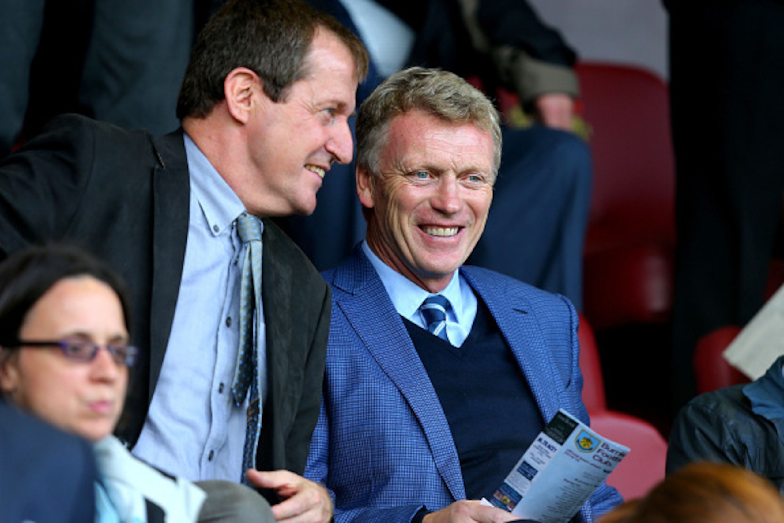 BURNLEY, ENGLAND - OCTOBER 18:  David Moyes (R) chats with Alistair Campbell during the Barclays Premier League match between Burnley and West Ham United at Turf Moor on October 18, 2014 in Burnley, England.  (Photo by Dave Thompson/Getty Images)