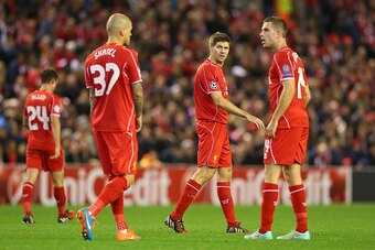 LIVERPOOL, ENGLAND - OCTOBER 22:  Steven Gerrard of Liverpool looks on during the UEFA Champions League Group B match between Liverpool and Real Madrid CF on October 22, 2014 in Liverpool, United Kingdom.  (Photo by Alex Livesey/Getty Images)