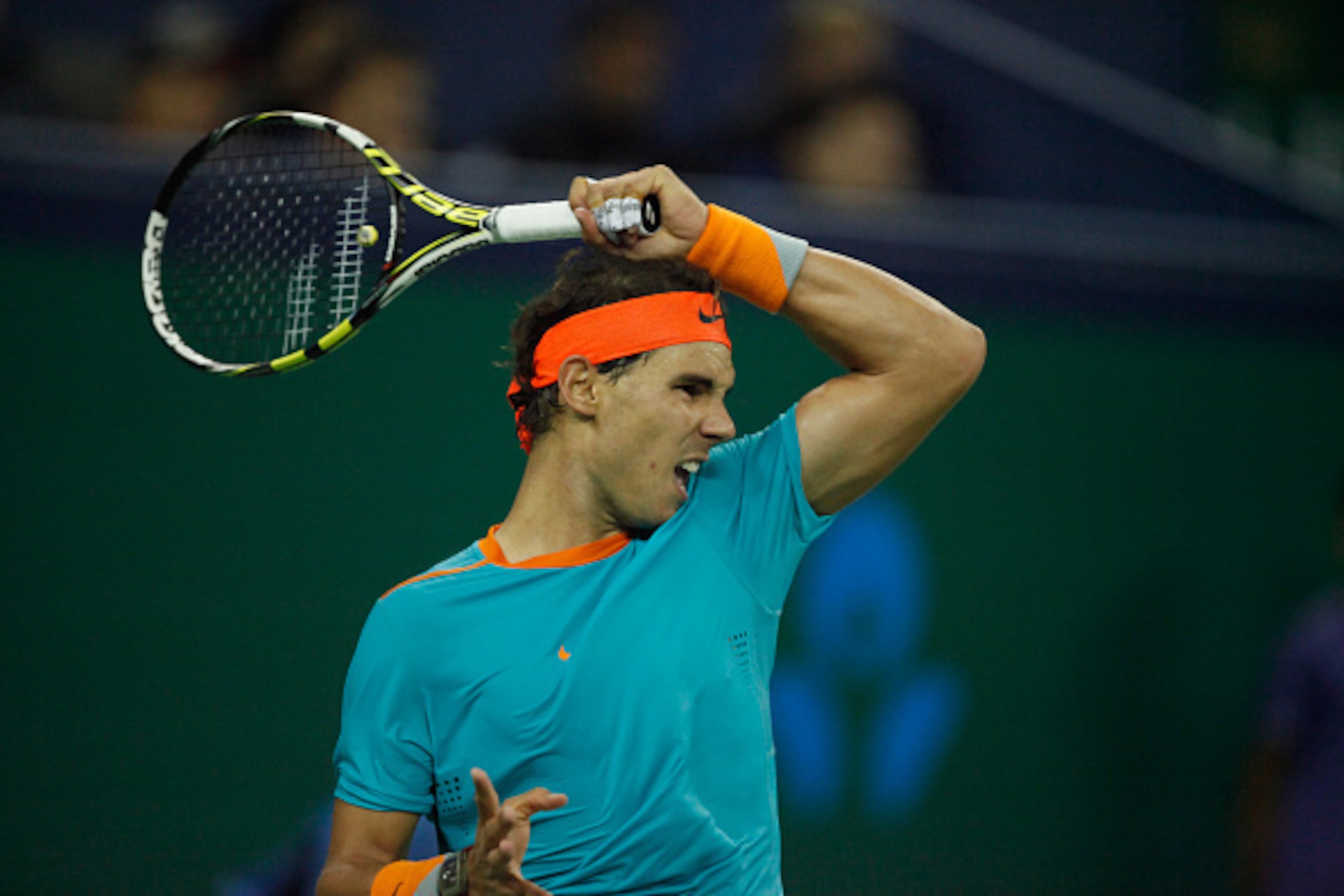 SHANGHAI, CHINA - OCTOBER 08: Rafael Nadal of Spain plays forehand during his match against during day 4 of the Shanghai Rolex Masters at Zi Zhong stadium on October 8, 2014 in Shanghai, China. (Photo by Kevin Lee/Getty Images)