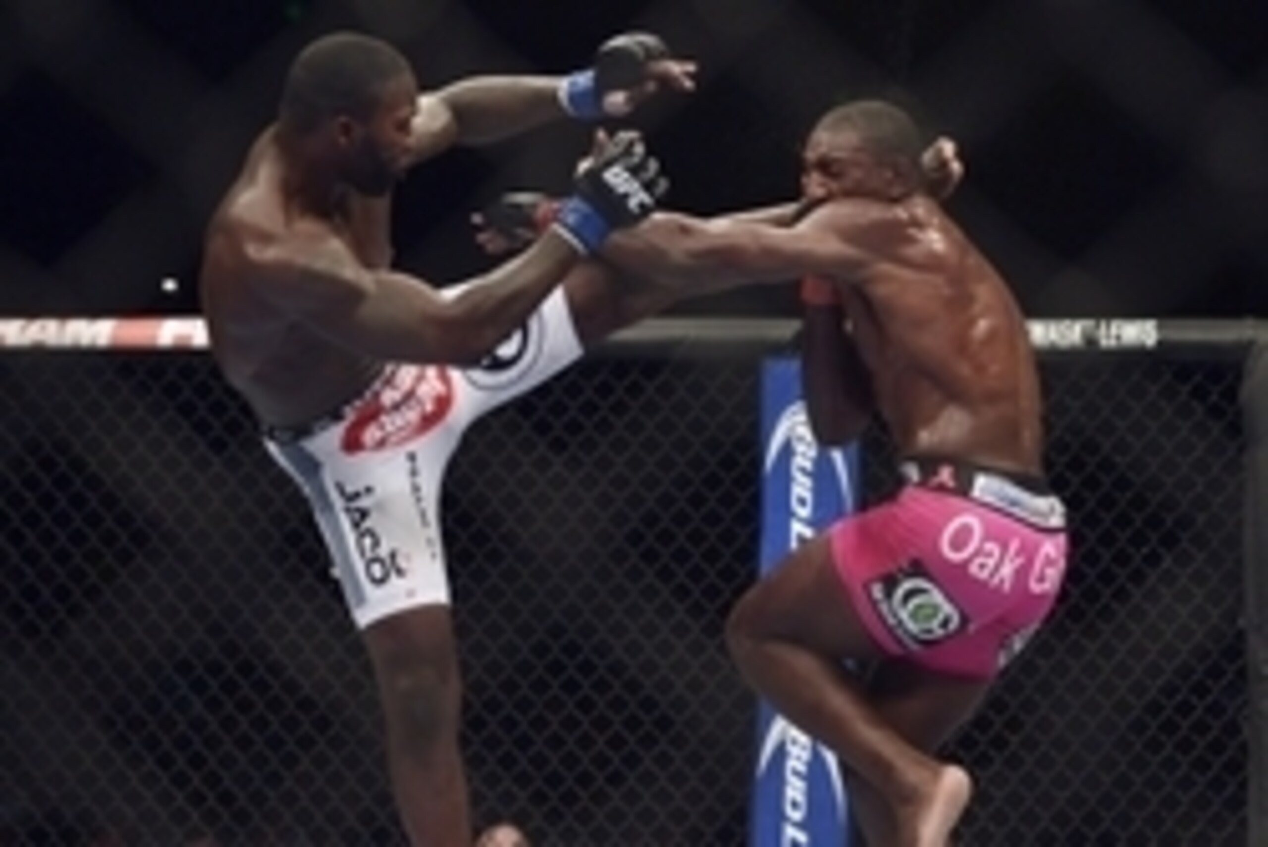Apr 26, 2014; Baltimore, MD, USA;   Anthony Johnson (blue gloves) fights Phil Davis (red gloves) during UFC 172 at Baltimore Arena.  Mandatory Credit: Tommy Gilligan-USA TODAY Sports