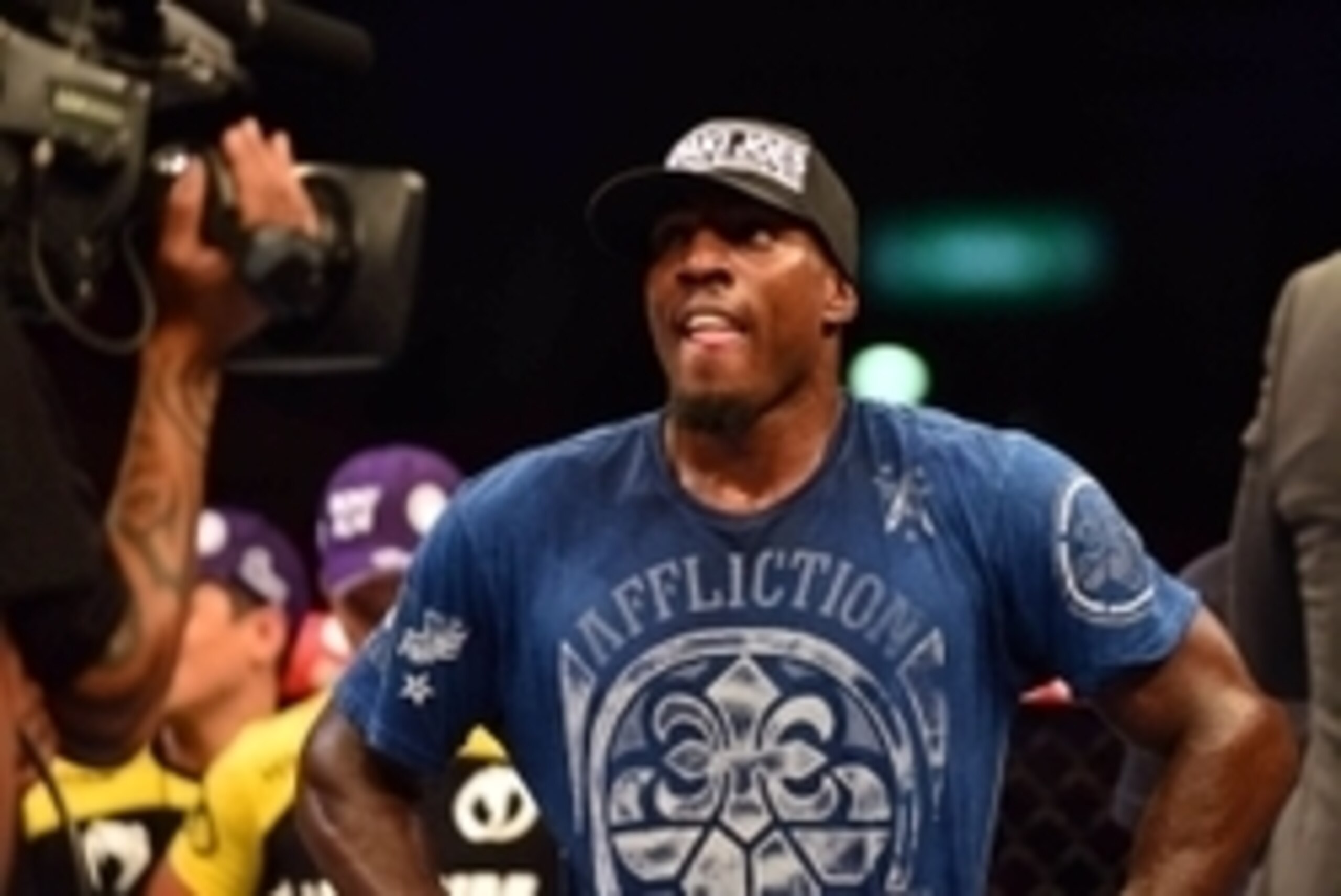 Aug 3, 2013; Rio De Janeiro, Brazil; Phil Davis (pink shorts) celebrates after defeating Lyoto Machida (not pictured) during UFC 163 at HSBC Arena. Mandatory Credit: Jason Silva-USA TODAY Sports