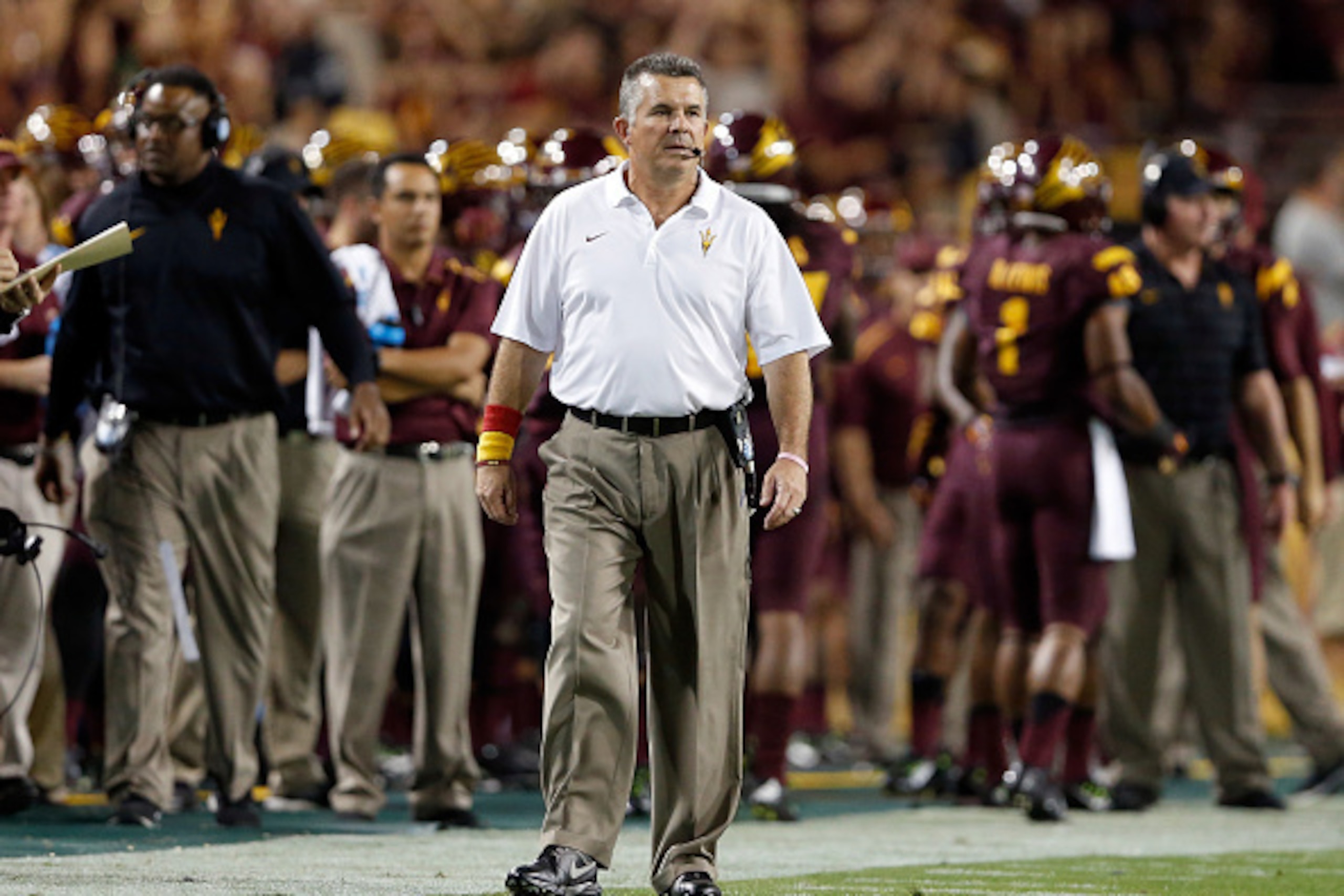 TEMPE, AZ - OCTOBER 18:  Head coach Todd Graham of the Arizona State Sun Devils walks the sidelines during the college football game against the Stanford Cardinal at Sun Devil Stadium on October 18, 2014 in Tempe, Arizona.  (Photo by Christian Petersen/Ge