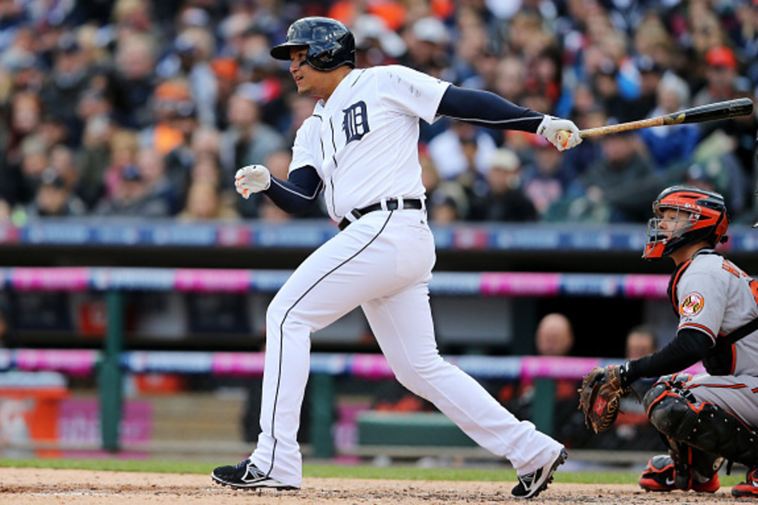 DETROIT, MI - OCTOBER 05:  Miguel Cabrera #24 of the Detroit Tigers hits a ground ball into a fielder's choice in the third inning against the Detroit Tigers during Game Three of the American League Division Series at Comerica Park on October 5, 2014 in D