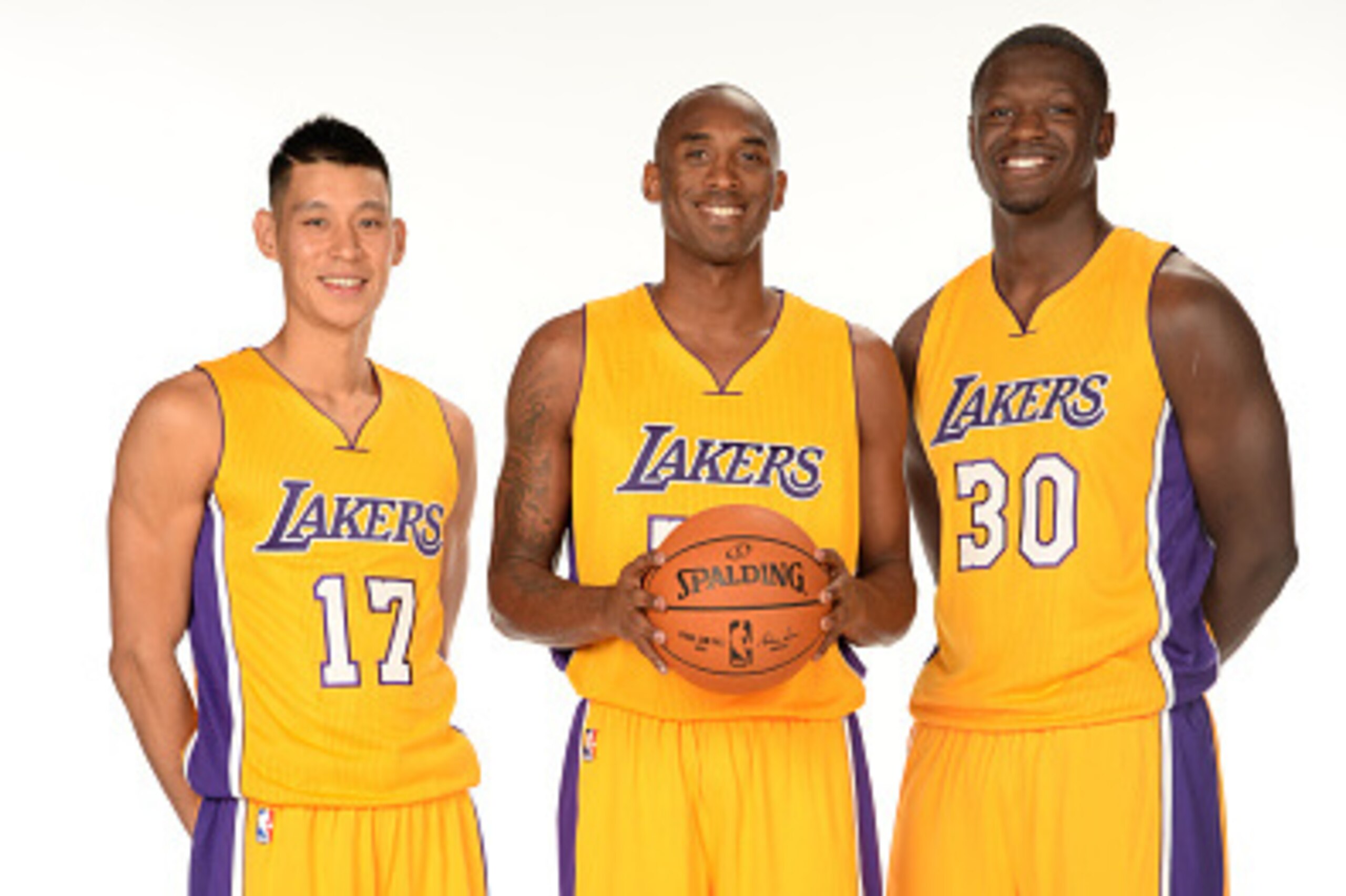 EL SEGUNDO, CA - SEPTEMBER 29: Jeremy Lin #17, Kobe Bryant #24, and Julius Randle #30 of the Los Angeles Lakers pose for a portrait during the Los Angeles Lakers Media Day at the Toyota Sports Center on September 29, 2014 in El Segundo, California. NOTE T EL SEGUNDO, CA - SEPTEMBER 29: Jeremy Lin #17, Kobe Bryant #24, and Julius Randle #30 of the Los Angeles Lakers pose for a portrait during the Los Angeles Lakers Media Day at the Toyota Sports Center on September 29, 2014 in El Segundo, California. NOTE T