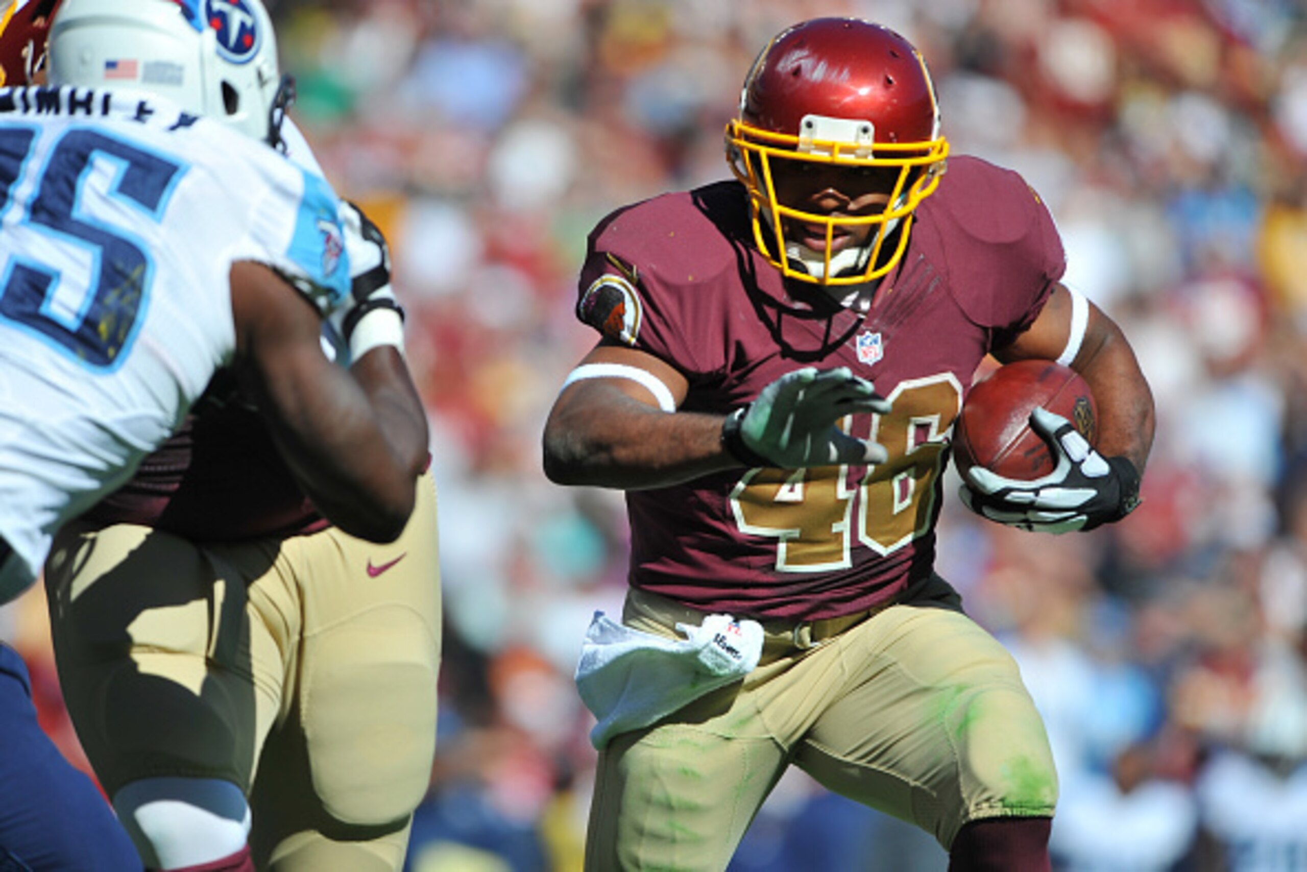 LANDOVER, MD - OCTOBER 19:  Alfred Morris #46 of the Washington Redskins runs during first quarter of their game against the Tennessee Titans at FedEx Field on October 19, 2014 in Landover, Maryland.  (Photo by Larry French/Getty Images)