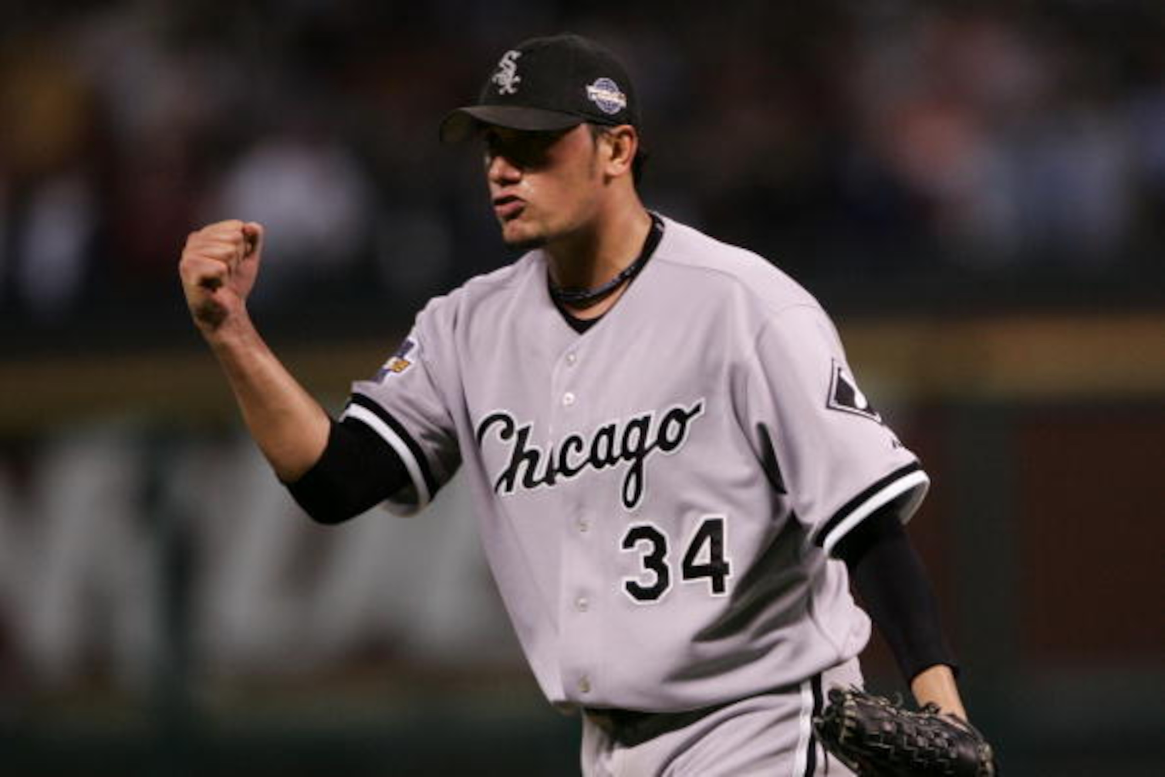 HOUSTON - OCTOBER 26:  Starting pitcher Freddy Garcia #34 of the Chicago White Sox celebrates after striking out Jason Lane#16 of the Houston Astros to end the sixth inning during Game Four of the Major League Baseball World Series at Minute Maid Park on 