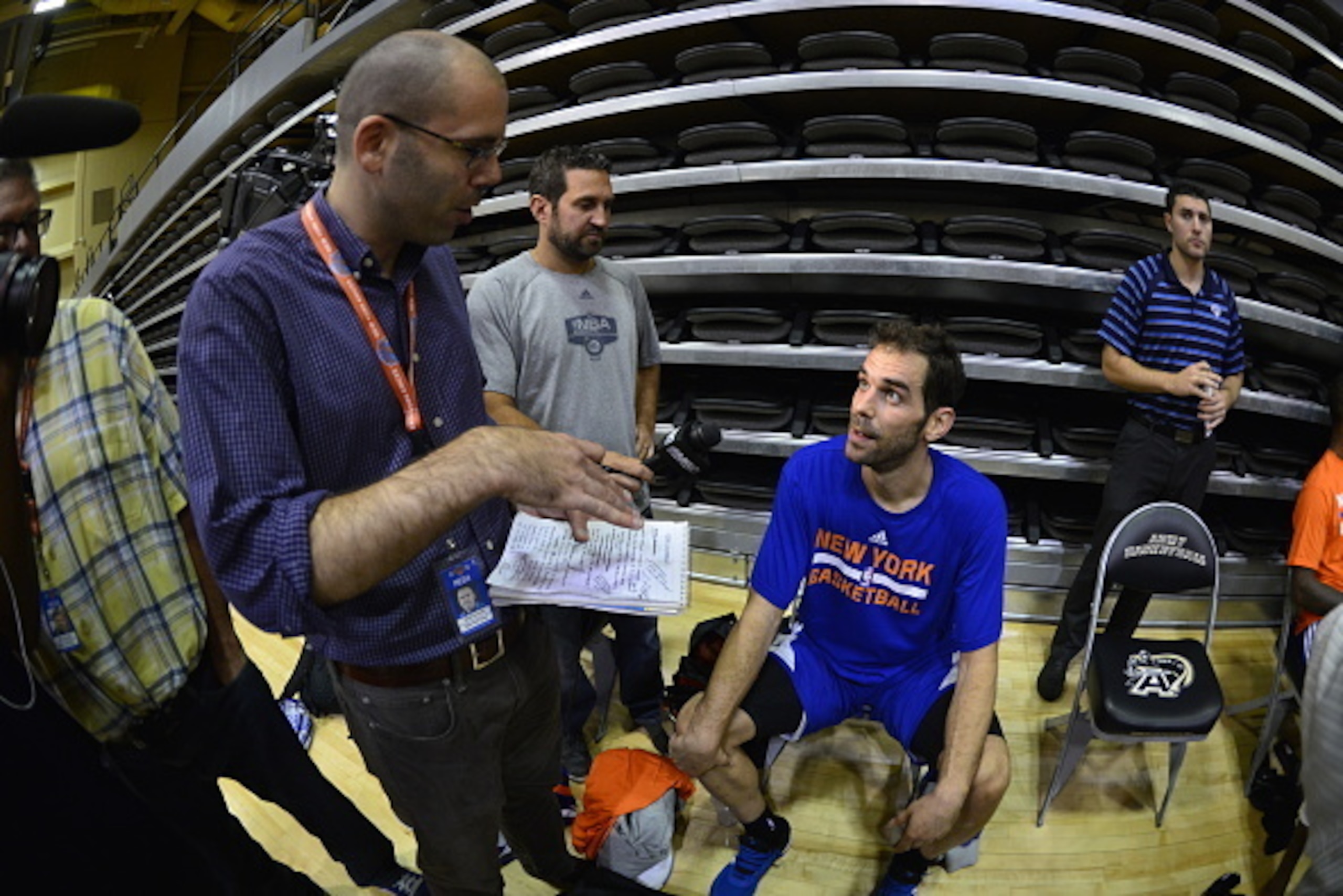 WEST POINT, NY - SEPTEMBER 30:  Jose Calderon #3 of the New York Knicks addresses the media during practice at West Point Military Academy on September 30, 2014 in West Point, New York. NOTE TO USER: User expressly acknowledges and agrees that, by downloa