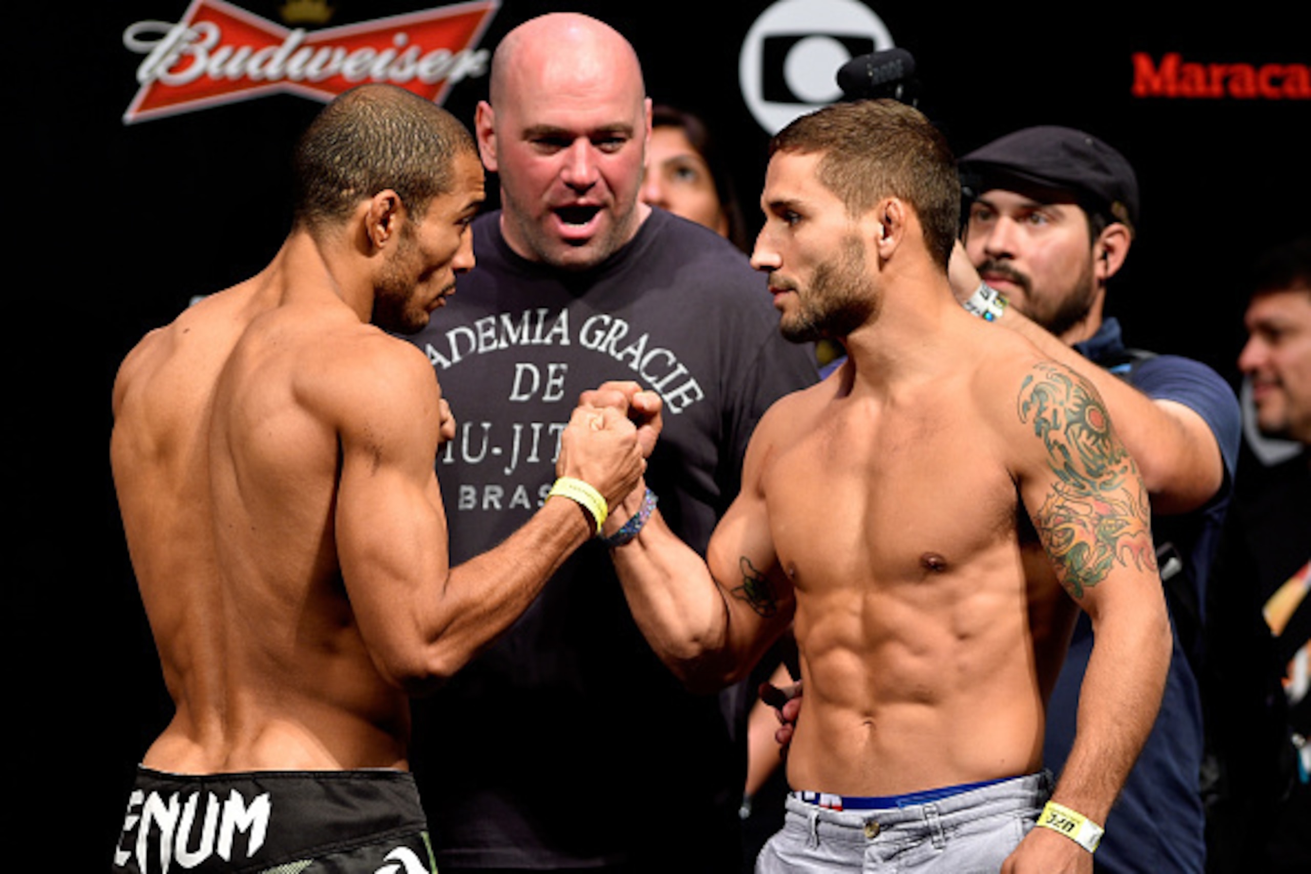 RIO DE JANEIRO, BRAZIL - OCTOBER 24:  (L-R) Opponents Jose Aldo of Brazil and Chad Mendes of USA face off during the UFC 179 weigh-in  at Maracanazinho on October 24, 2014 in Rio de Janeiro, Brazil.  (Photo by Buda Mendes/Getty Images)