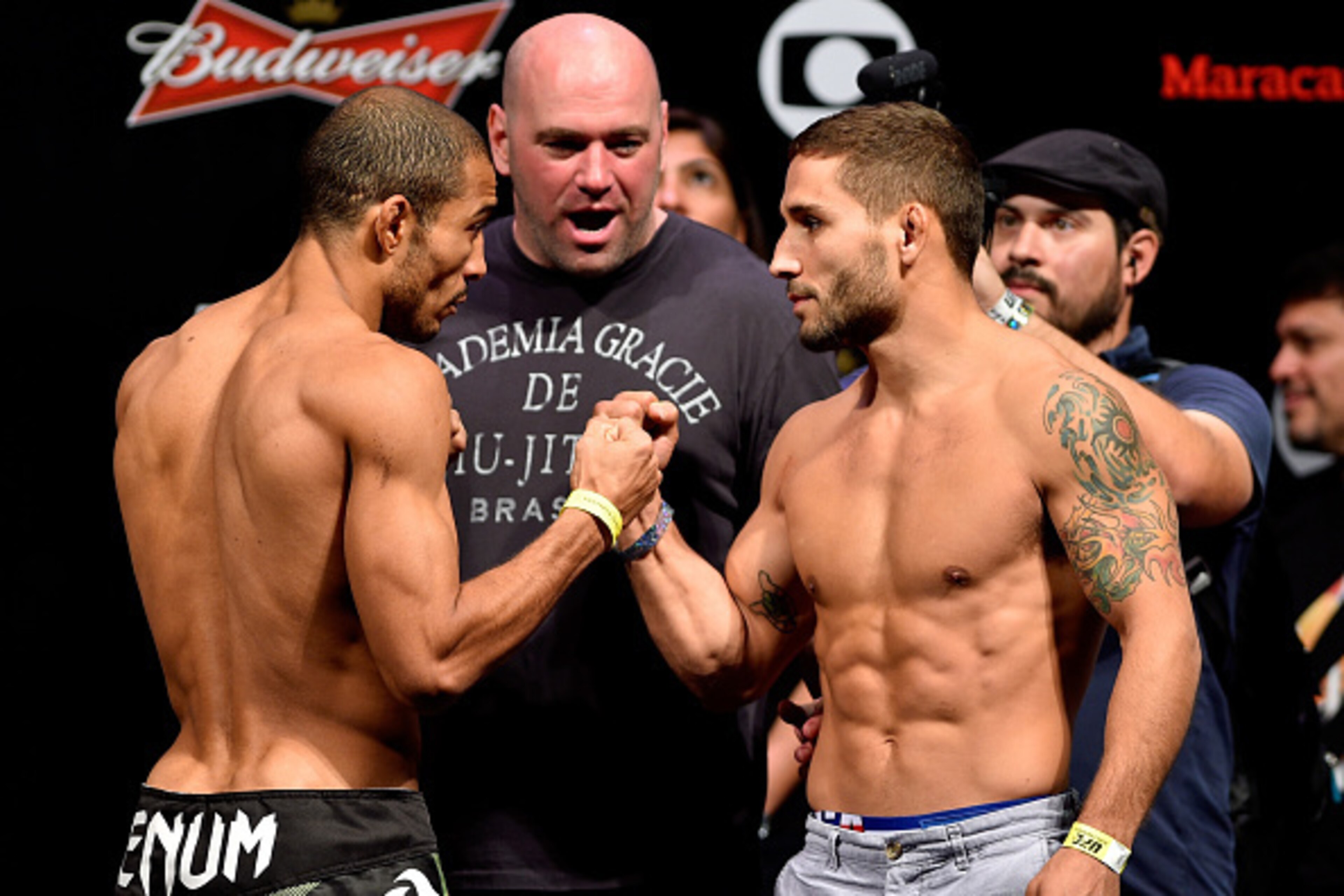 RIO DE JANEIRO, BRAZIL - OCTOBER 24:  (L-R) Opponents Jose Aldo of Brazil and Chad Mendes of USA face off during the UFC 179 weigh-in  at Maracanazinho on October 24, 2014 in Rio de Janeiro, Brazil.  (Photo by Buda Mendes/Getty Images)