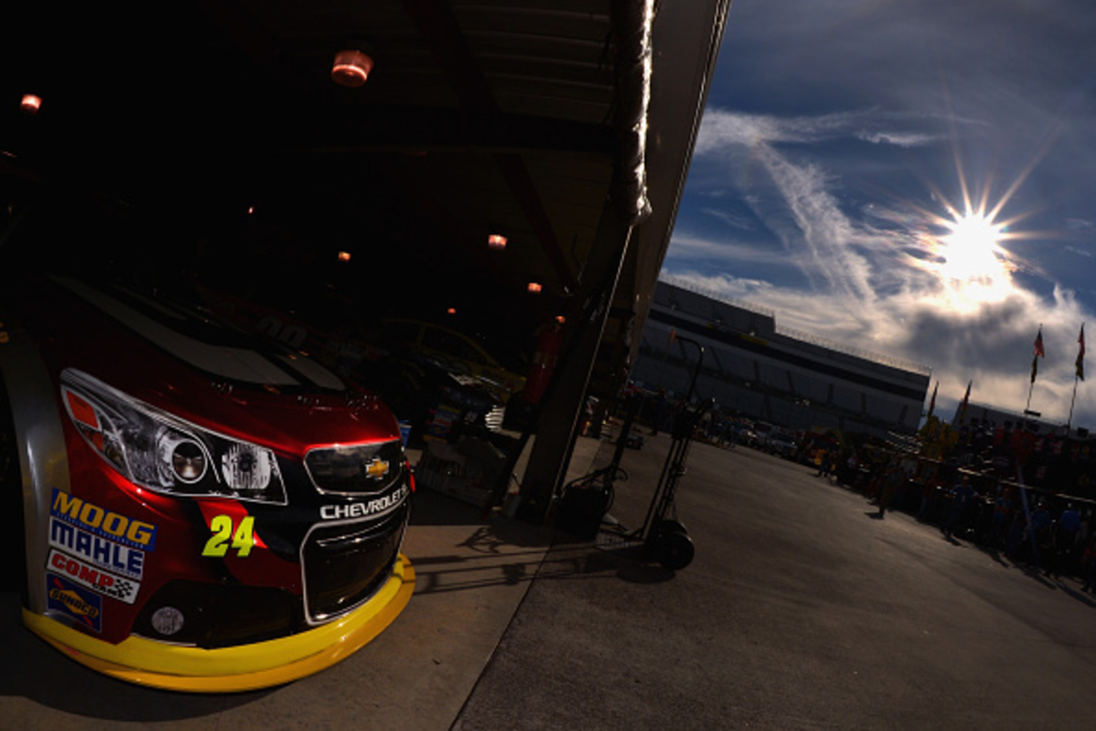 MARTINSVILLE, VA - OCTOBER 24:  The #24 Drive To End Hunger Chevrolet, driven by Jeff Gordon, is seen in the garage area during qualifying for the NASCAR Sprint Cup Series Goody's Headache Relief Shot 500 at Martinsville Speedway on October 24, 2014 in Ma