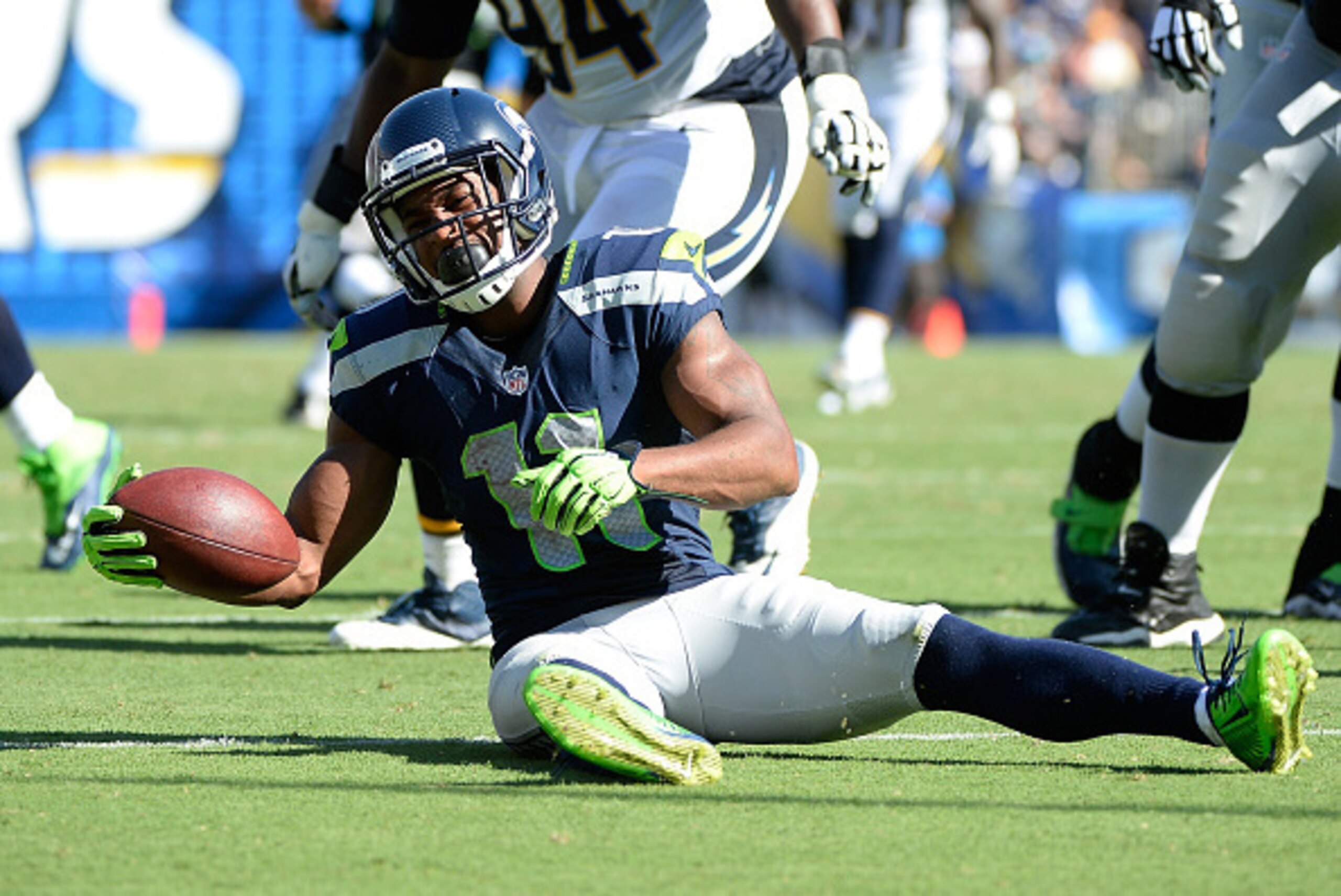SAN DIEGO, CA - SEPTEMBER 14:  Wide receiver Percy Harvin #11 of the Seattle Seahawks reacts after a tackle against the San Diego Chargers at Qualcomm Stadium on September 14, 2014 in San Diego, California.  (Photo by Harry How/Getty Images)