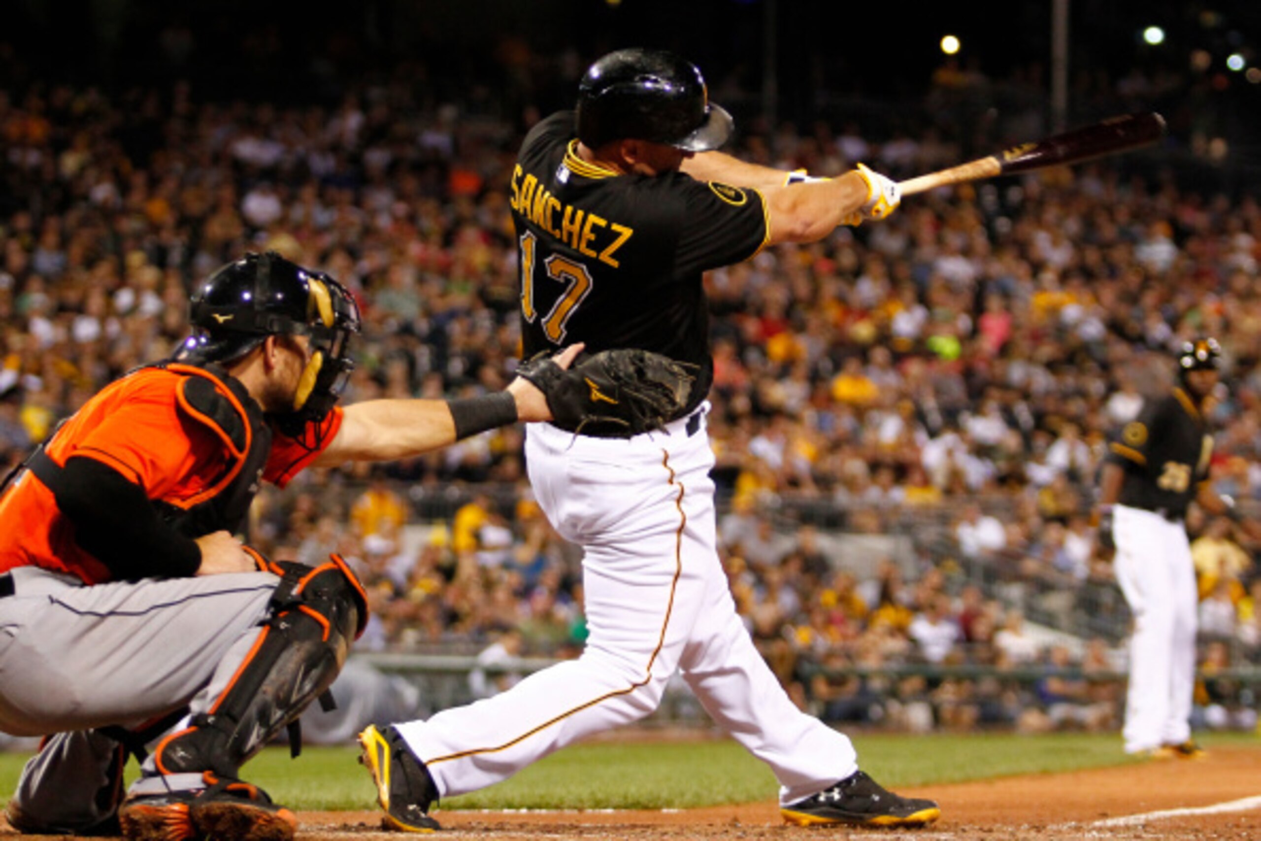 PITTSBURGH, PA - AUGUST 06: Gaby Sanchez #17 of the Pittsburgh Pirates hits a two RBI double in the seventh inning against the Miami Marlins during the game at PNC Park on August 6, 2014 in Pittsburgh, Pennsylvania. (Photo by Justin K. Aller/Getty Image PITTSBURGH, PA - AUGUST 06: Gaby Sanchez #17 of the Pittsburgh Pirates hits a two RBI double in the seventh inning against the Miami Marlins during the game at PNC Park on August 6, 2014 in Pittsburgh, Pennsylvania. (Photo by Justin K. Aller/Getty Image