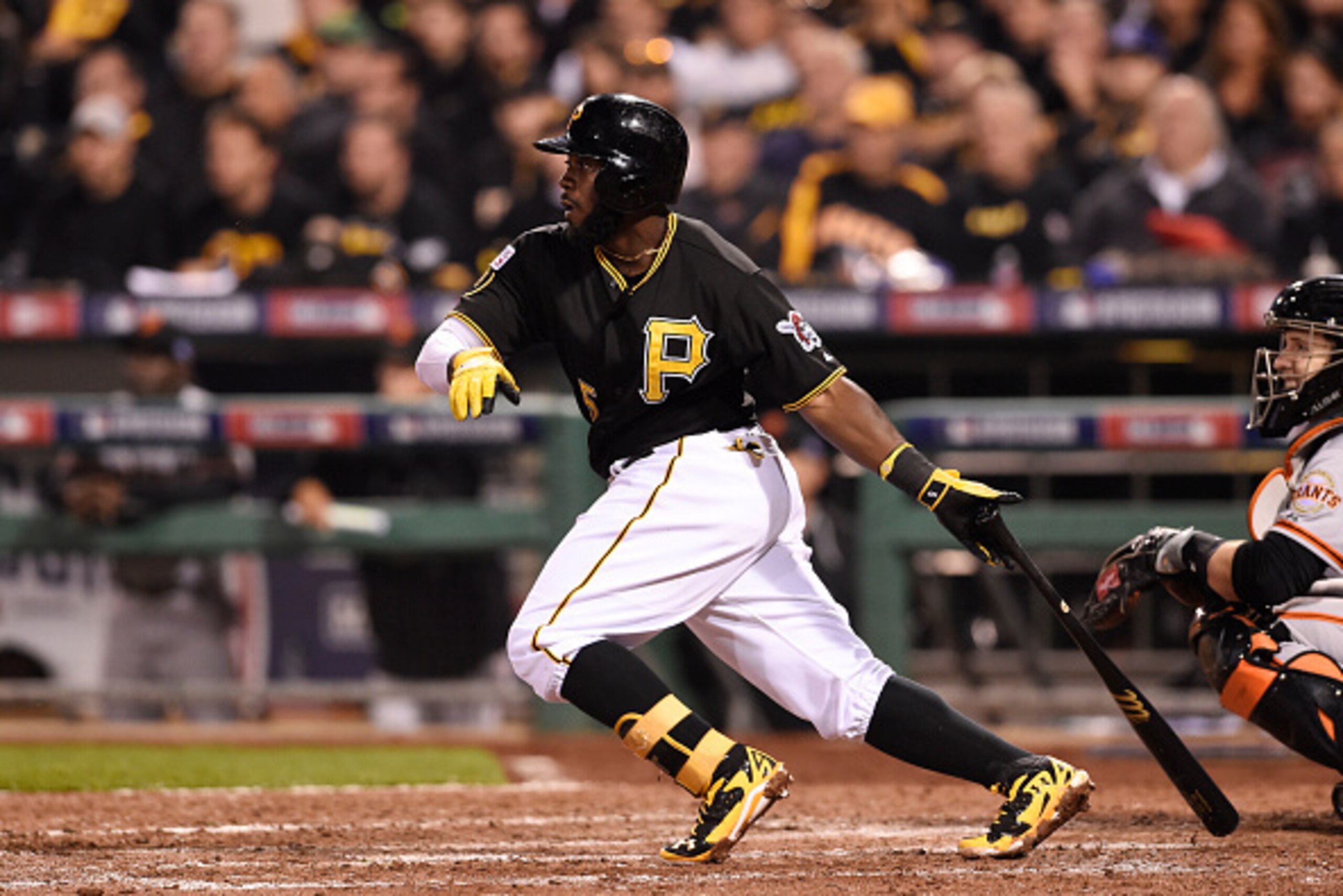 PITTSBURGH, PA - OCTOBER 01: Josh Harrison #5 of the Pittsburgh Pirates hits a single in the sixth inning against the San Francisco Giants during the National League Wild Card game at PNC Park on October 1, 2014 in Pittsburgh, Pennsylvania. (Photo by Ja PITTSBURGH, PA - OCTOBER 01: Josh Harrison #5 of the Pittsburgh Pirates hits a single in the sixth inning against the San Francisco Giants during the National League Wild Card game at PNC Park on October 1, 2014 in Pittsburgh, Pennsylvania. (Photo by Ja