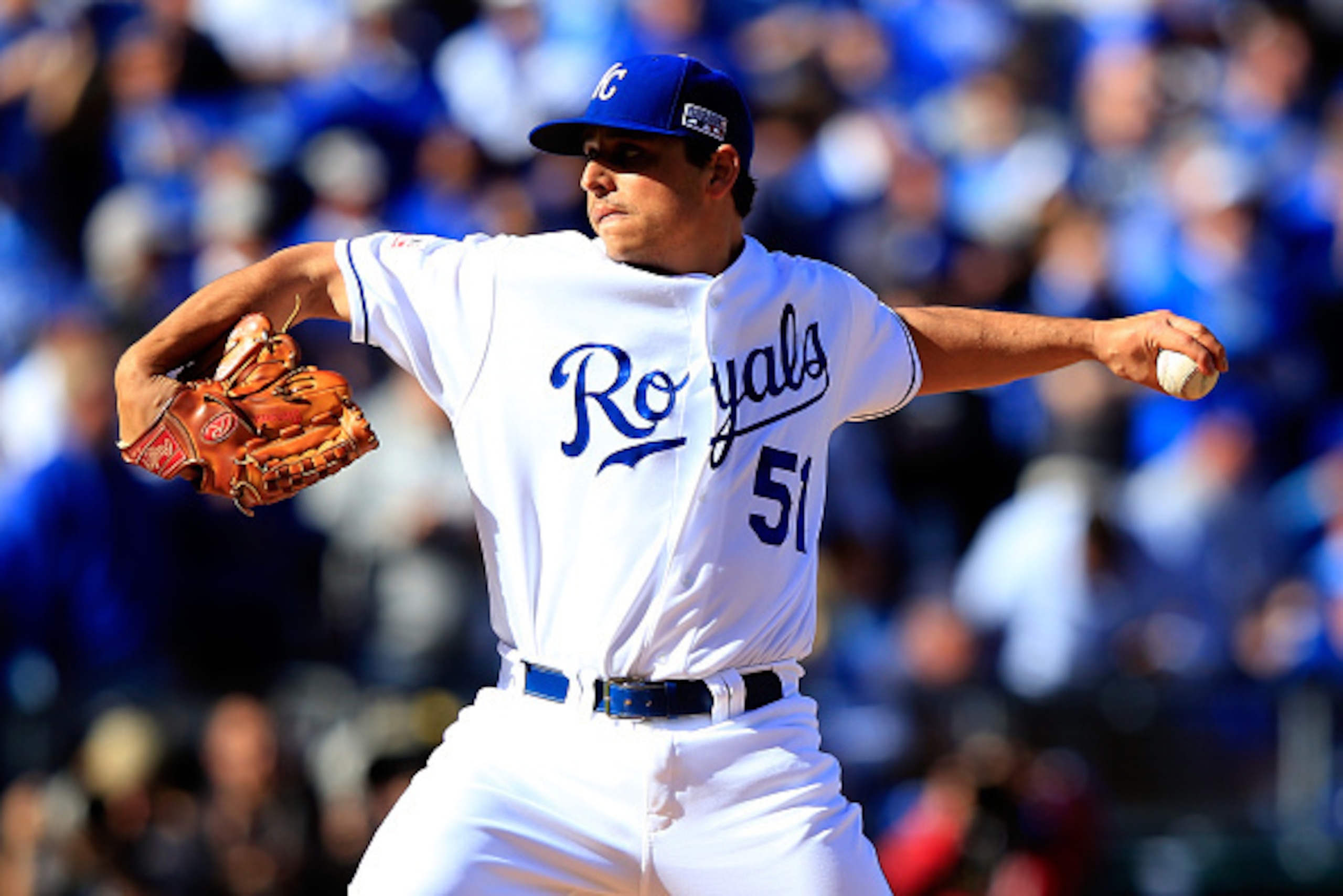 KANSAS CITY, MO - OCTOBER 15:  Jason Vargas #51 of the Kansas City Royals throws a pitch in the first inning against the Baltimore Orioles during Game Four of the American League Championship Series at Kauffman Stadium on October 15, 2014 in Kansas City, 