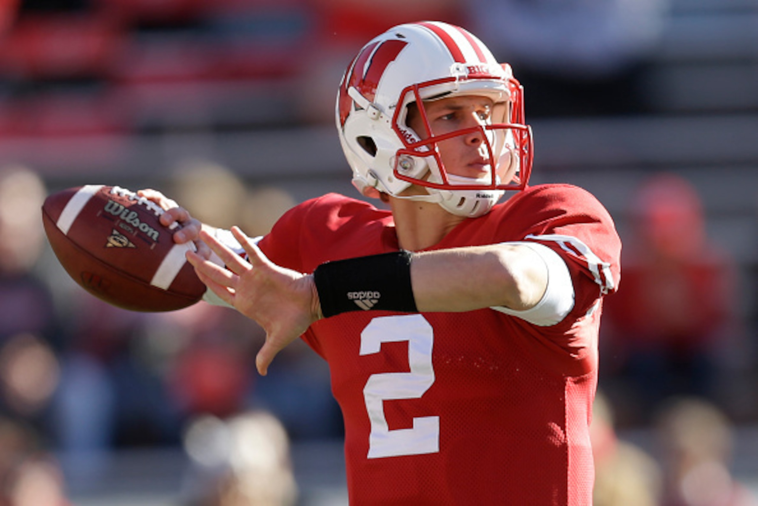 MADISON, WI - OCTOBER 25: Joel Stave #2 of the Wisconsin Badgers warms up in pregame before the game against the Maryland Terrapins at Camp Randall Stadium on October 25, 2014 in Madison, Wisconsin. (Photo by Mike McGinnis/Getty Images)