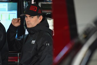 KANSAS CITY, KS - OCTOBER 03:  Jeff Gordon, driver of the #24 Drive To End Hunger Chevrolet, looks on during practice for the NASCAR Sprint Cup Series Hollywood Casino 400 at Kansas Speedway on October 3, 2014 in Kansas City, Kansas.  (Photo by Robert Lab