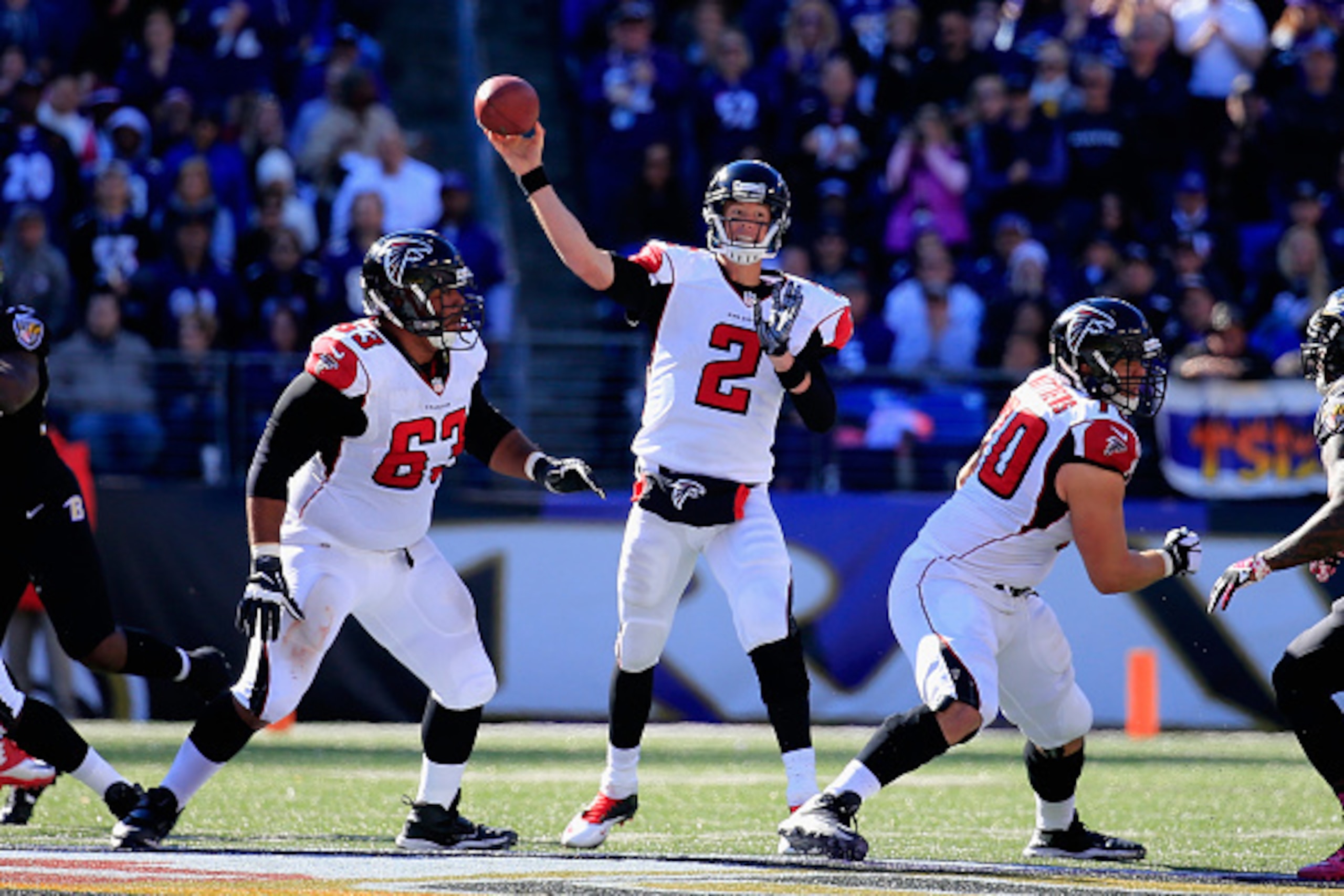 BALTIMORE, MD - OCTOBER 19: Quarterback Matt Ryan #2 of the Atlanta Falcons throws a pass in the second half of a game against the Baltimore Ravens at M&T Bank Stadium on October 19, 2014 in Baltimore, Maryland.  (Photo by Rob Carr/Getty Images)
