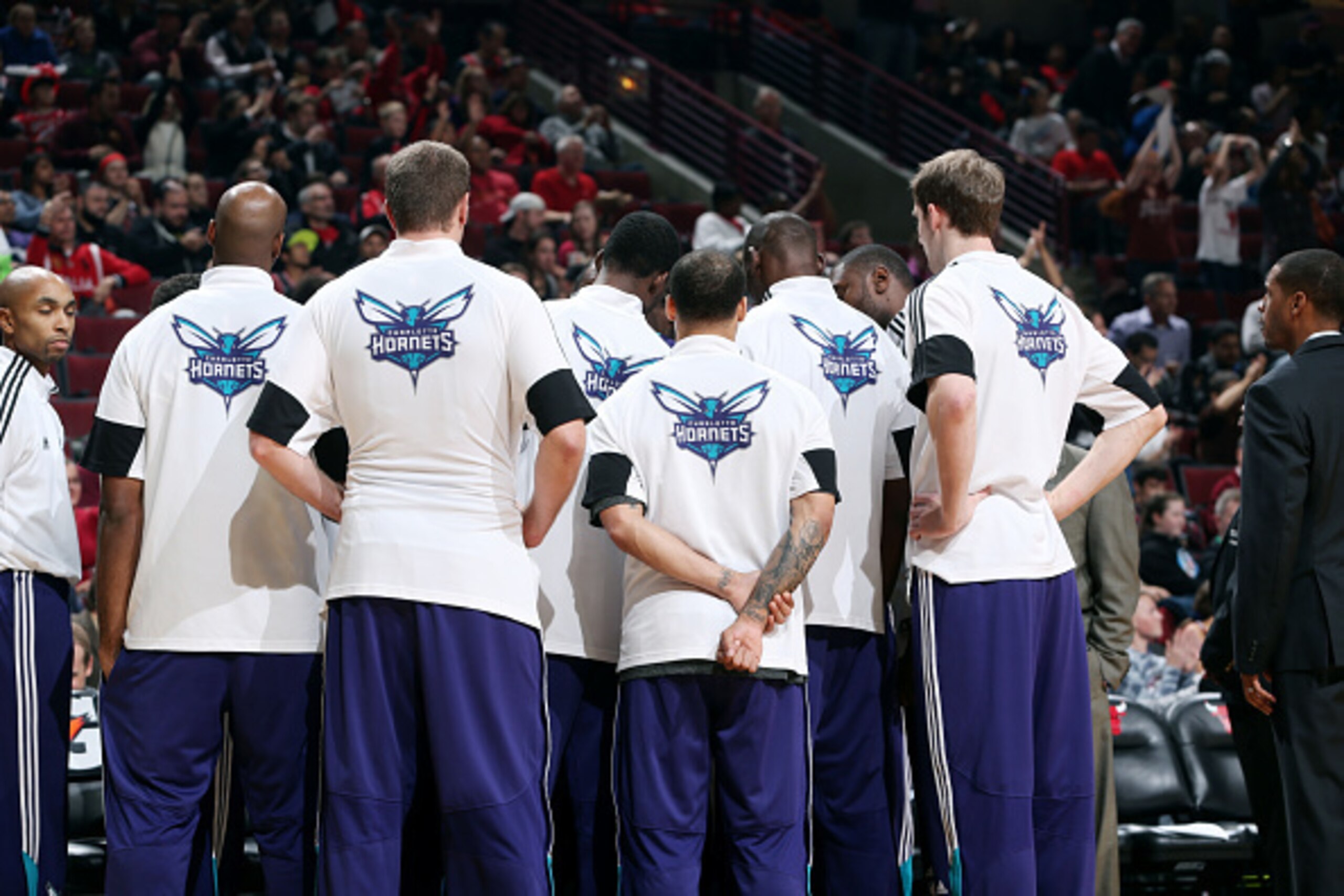 CHICAGO, IL - OCTOBER 19: The Charlotte Hornets huddle before a game against the Chicago Bulls on October 19, 2014 at United Center, Chicago, Illinois. NOTE TO USER: User expressly acknowledges and agrees that, by downloading and or using this Photograph,