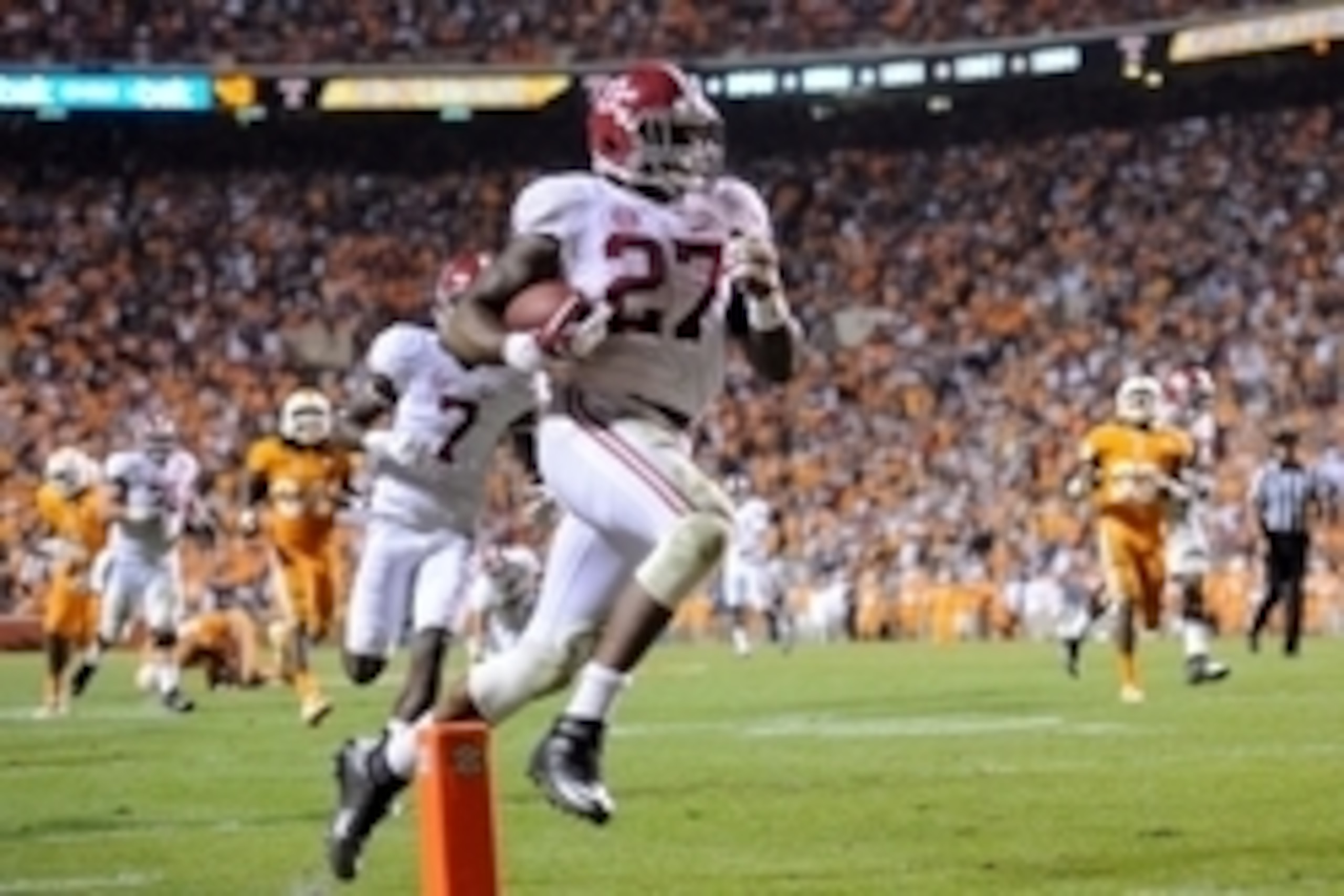Oct 25, 2014; Knoxville, TN, USA; Alabama Crimson Tide running back Derrick Henry (27) scores a touchdown against the Tennessee Volunteers during the second half at Neyland Stadium. Mandatory Credit: Randy Sartin-USA TODAY Sports