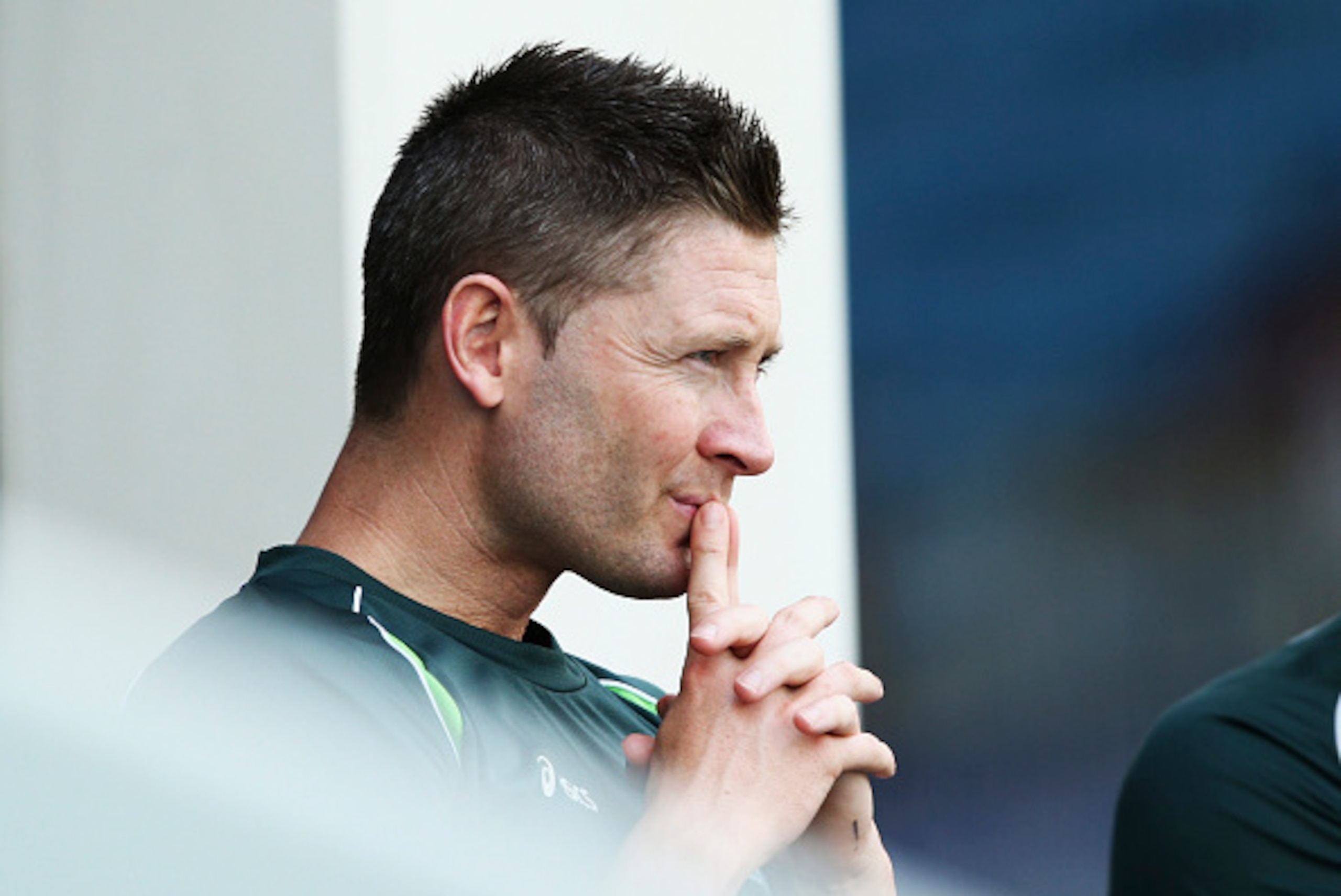 DUBAI, UNITED ARAB EMIRATES - OCTOBER 26:  Michael Clarke of Australia looks on during Day Five of the First Test between Pakistan and Australia at Dubai International Stadium on October 26, 2014 in Dubai, United Arab Emirates.  (Photo by Ryan Pierse/Gett