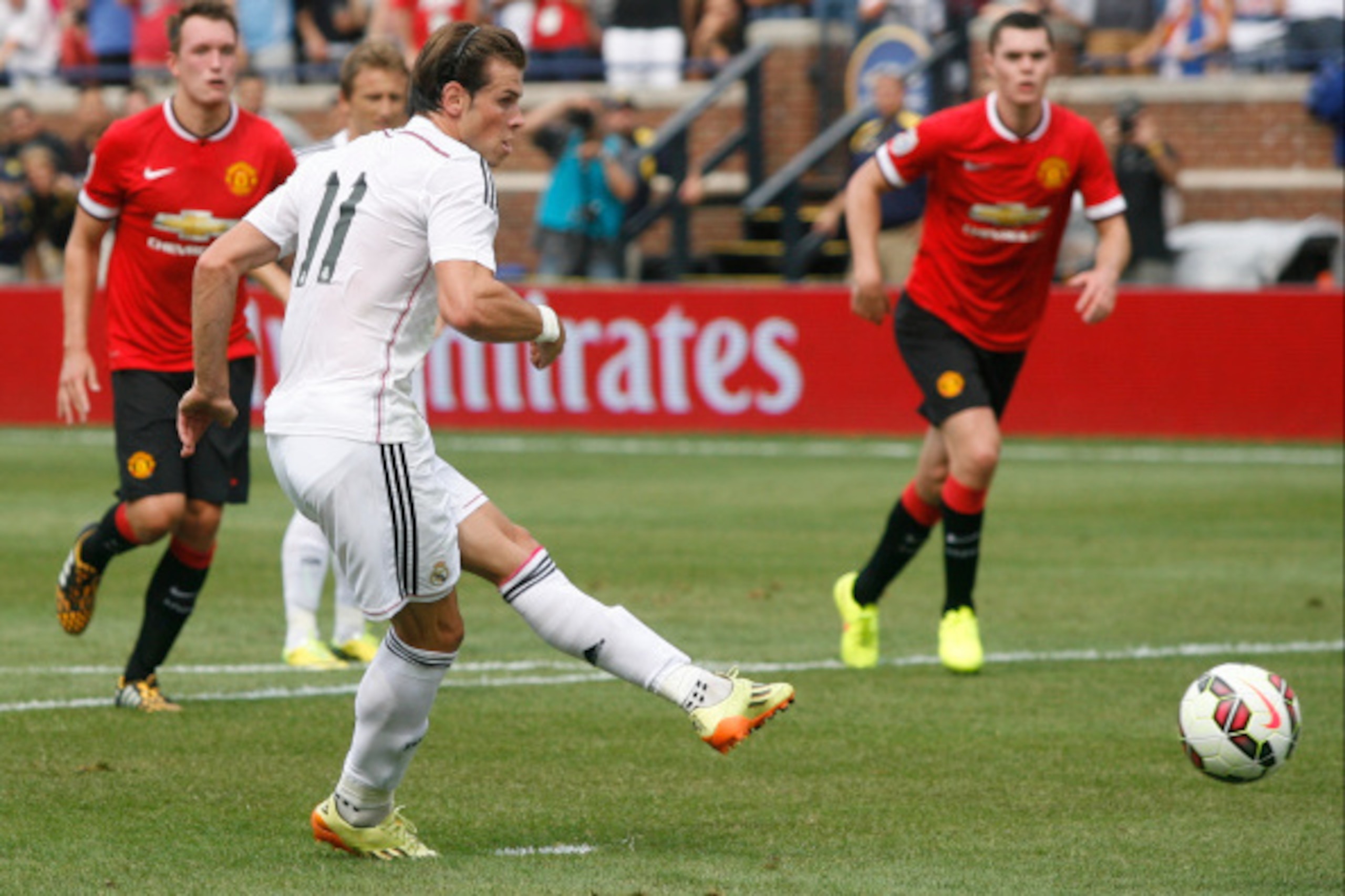 ANN ARBOR, MI - AUGUST 2: Gareth Bale #11 of Real Madrid kicks a penalty kick to score against Real Madrid during the second half of the Guinness International Champions Cup at Michigan Stadium on August 2, 2014, in Ann Arbor, Mich (Photo by Duane Burleso