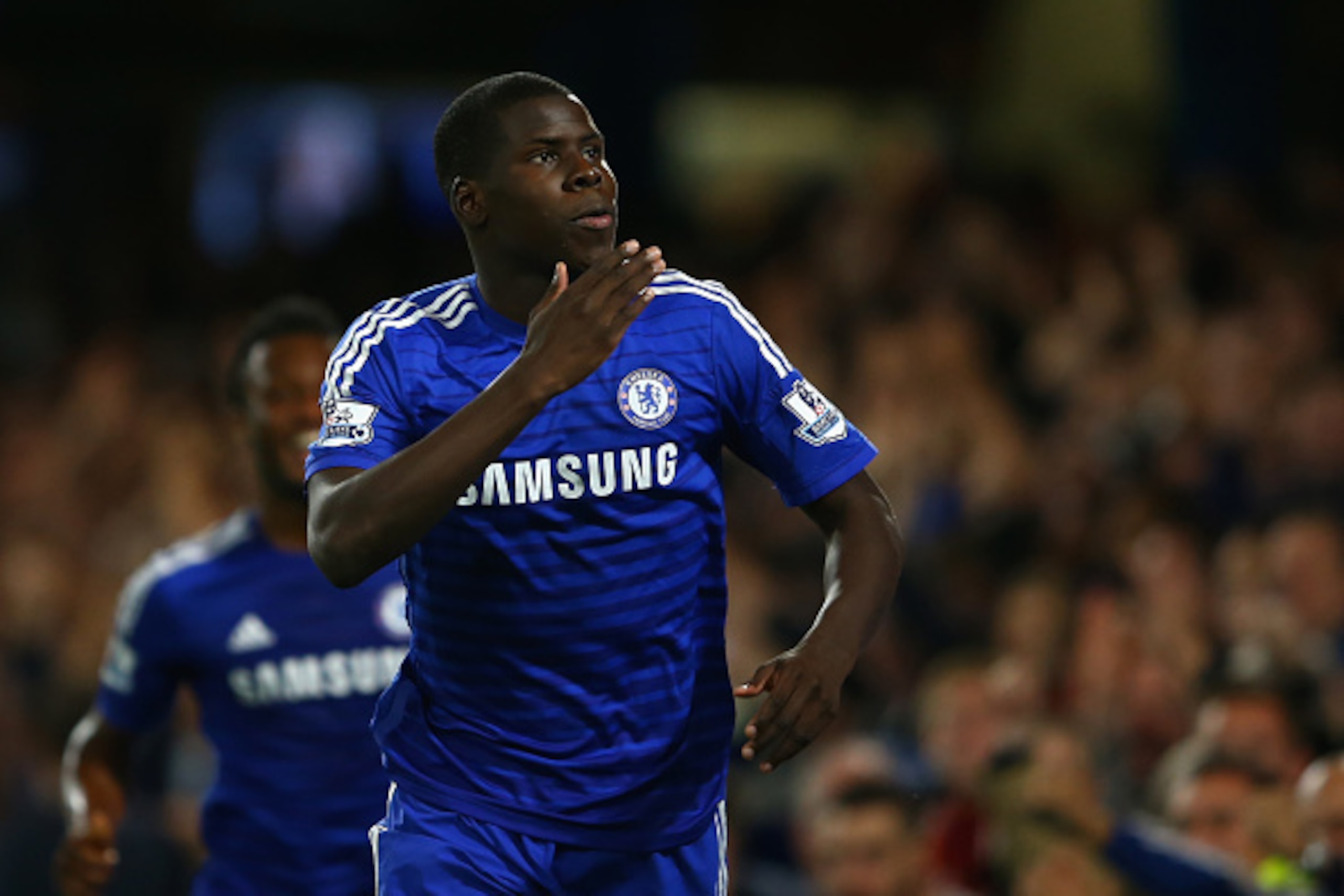 LONDON, ENGLAND - SEPTEMBER 24: Kurt Zouma of Chelsea celebrates scoring the first goal during the Captial One Cup Third Round match between Chelsea and Bolton Wanderers at Stamford Bridge on September 24, 2014 in London, England. (Photo by Richard Heat LONDON, ENGLAND - SEPTEMBER 24: Kurt Zouma of Chelsea celebrates scoring the first goal during the Captial One Cup Third Round match between Chelsea and Bolton Wanderers at Stamford Bridge on September 24, 2014 in London, England. (Photo by Richard Heat
