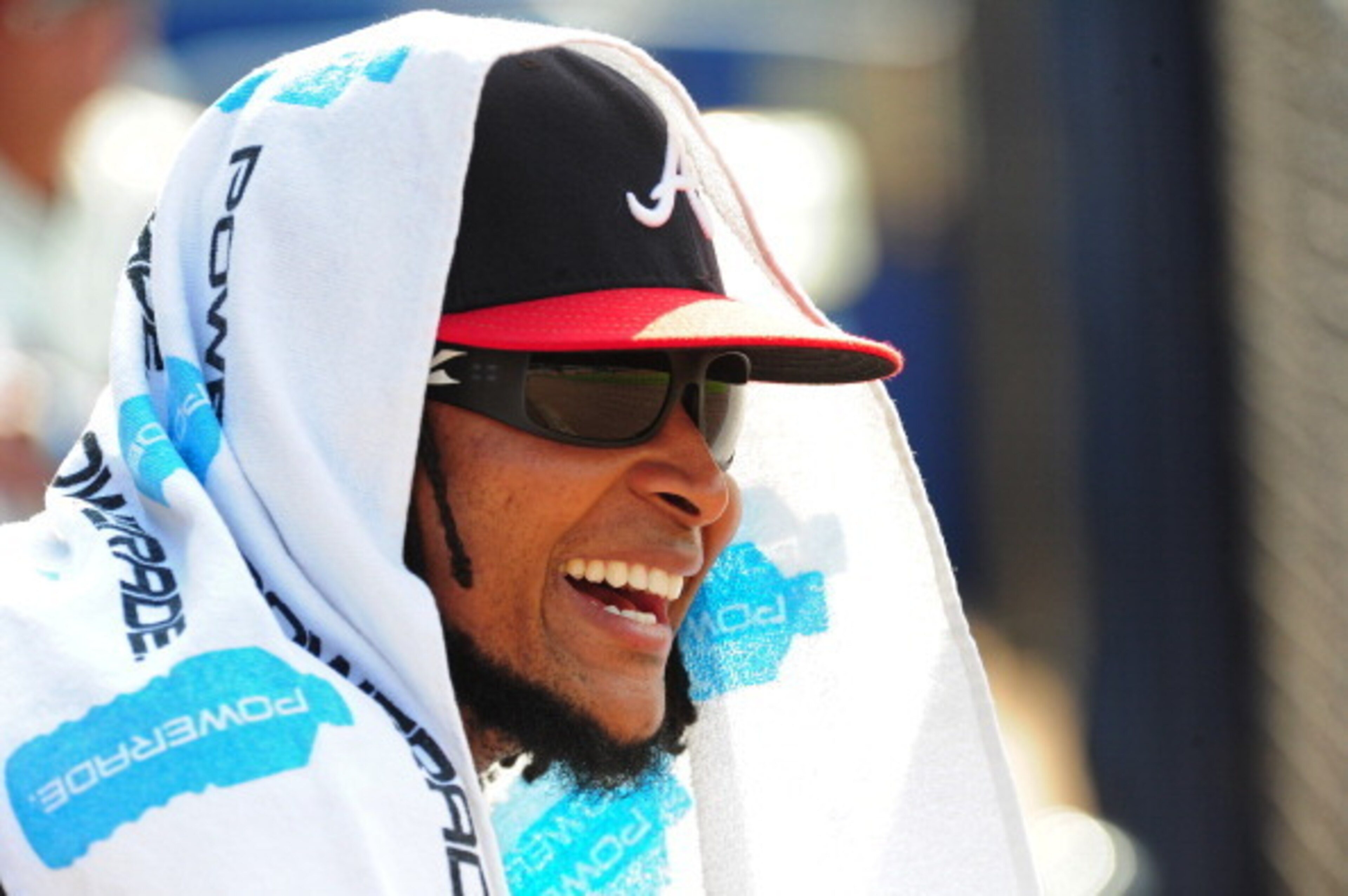 ATLANTA, GA - JULY 27: Ervin Santana #30 of the Atlanta Braves cools off during the first inning against the San Diego Padres at Turner Field on July 27, 2014 in Atlanta, Georgia. (Photo by Scott Cunningham/Getty Images)