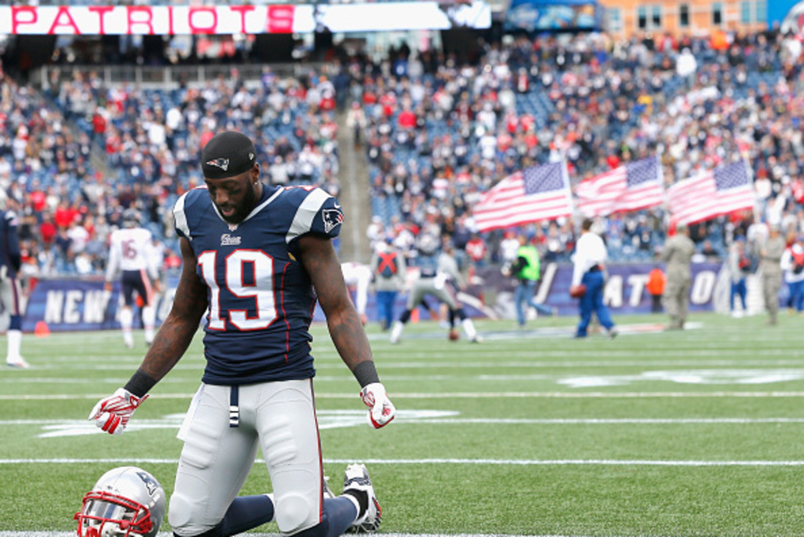 FOXBORO, MA - OCTOBER 26:  Brandon LaFell #19 of the New England Patriots reacts before a game against the Chicago Bears at Gillette Stadium on October 26, 2014 in Foxboro, Massachusetts.  (Photo by Jim Rogash/Getty Images)
