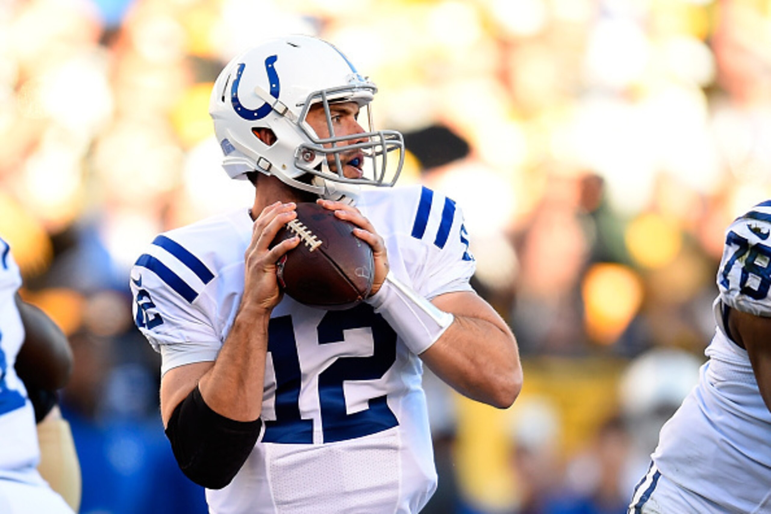 PITTSBURGH, PA - OCTOBER 26:  Andrew Luck #12 of the Indianapolis Colts looks to pass during the first quarter against the Pittsburgh Steelers at Heinz Field on October 26, 2014 in Pittsburgh, Pennsylvania.  (Photo by Joe Sargent/Getty Images)