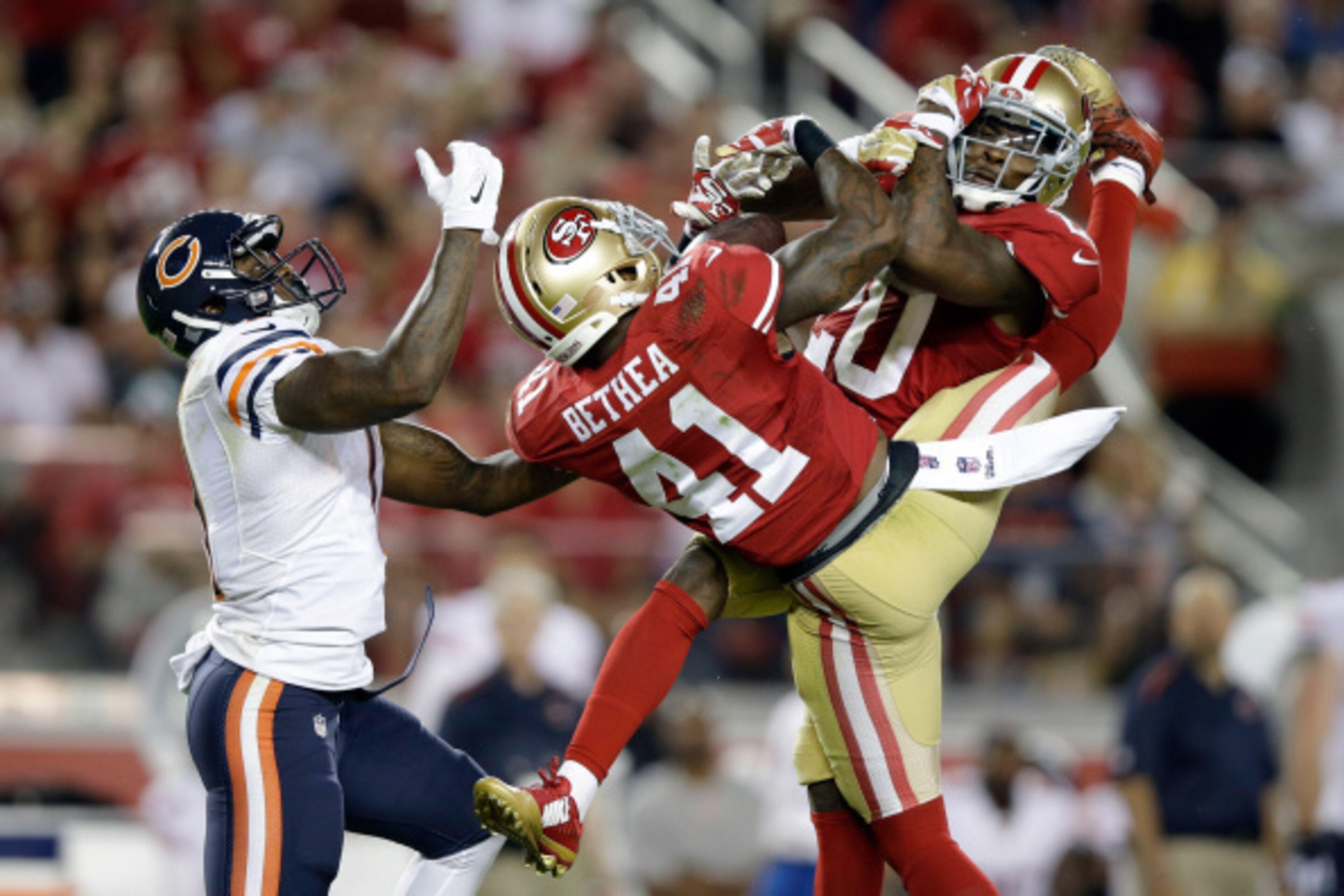 SANTA CLARA, CA - SEPTEMBER 14:  Strong safety Antoine Bethea #41 and defensive back Perrish Cox #20 of the San Francisco 49ers try unsuccessfully to intercept a pass intended for wide receiver Josh Bellamy #11 of the Chicago Bears at Levi's Stadium on Se
