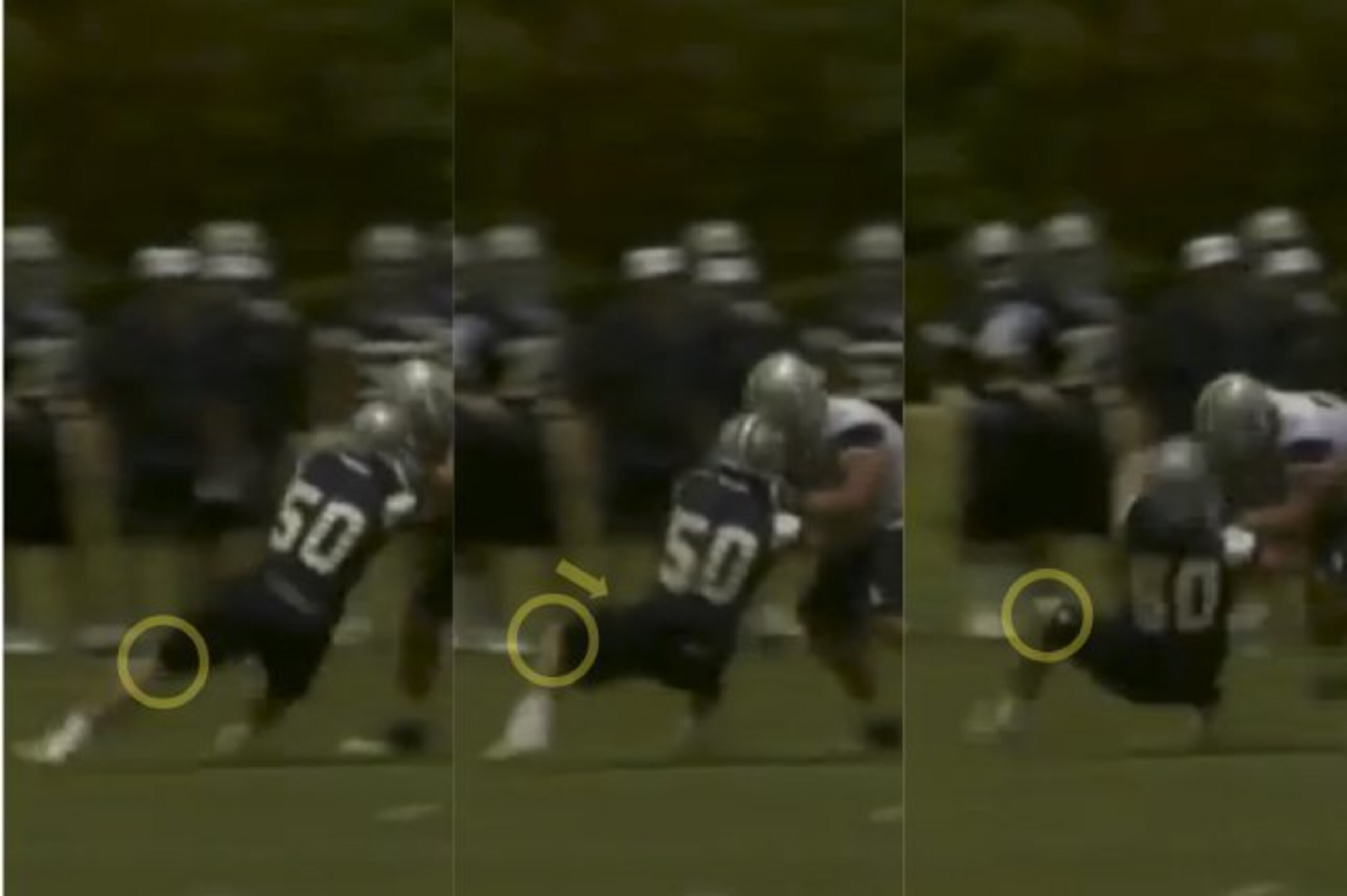 The above frame-by-frame screenshots show Dallas Cowboys linebacker Sean Lee's knee move to the right and inward relative to his leftward-moving upper body. The combination, along with his outward-pointing toes, likely caused his injury.