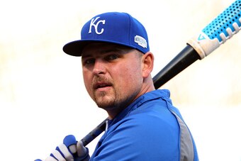 SAN FRANCISCO, CA - OCTOBER 24: Billy Butler #16 of the Kansas City Royals looks on during batting practice before Game Three of the 2014 World Series against the San Francisco Giants at AT&T Park on October 24, 2014 in San Francisco, California.  (Photo 