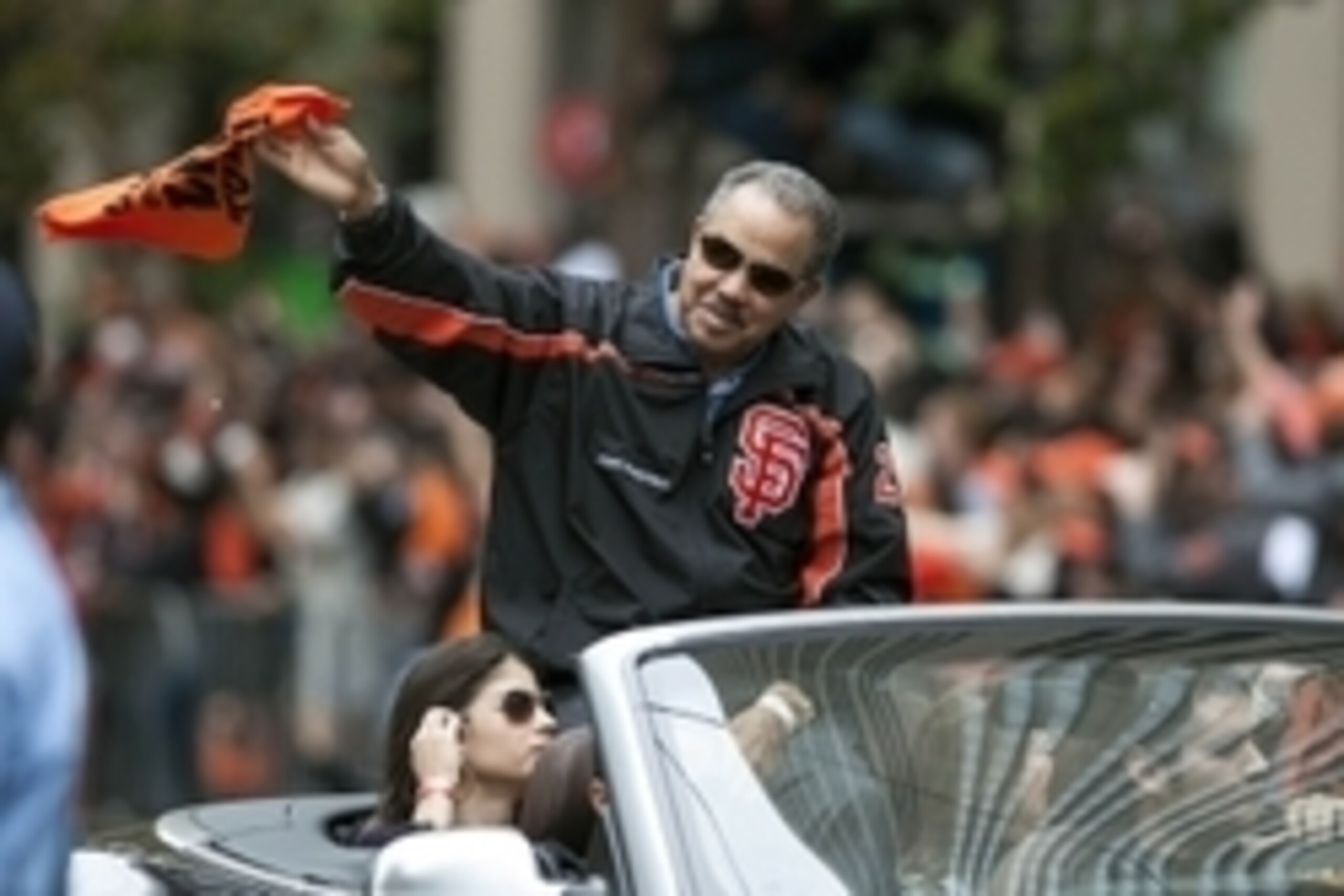 October 31, 2012; San Francisco, CA, USA; Hall of Fame pitcher Juan Marichal waves a towel during the World Series victory parade for the San Francisco Giants at Market Street. The Giants defeated the Detroit Tigers in a four-game sweep to win the 2012 Wo