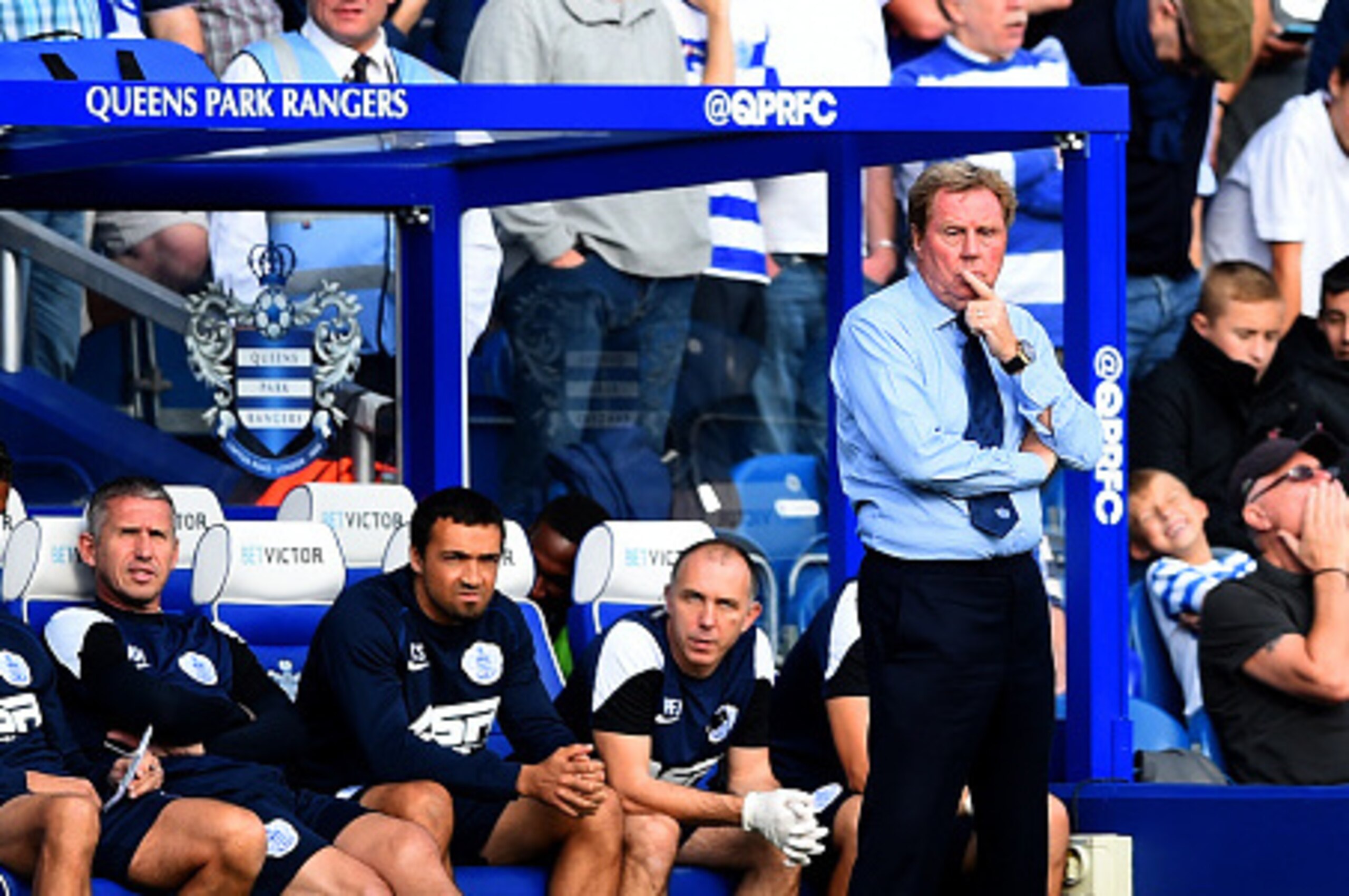 LONDON, ENGLAND - OCTOBER 19:  Harry Redknapp the QPR manager looks on during the Barclays Premier League match between Queens Park Rangers and Liverpool at Loftus Road on October 19, 2014 in London, England.  (Photo by Paul Gilham/Getty Images)