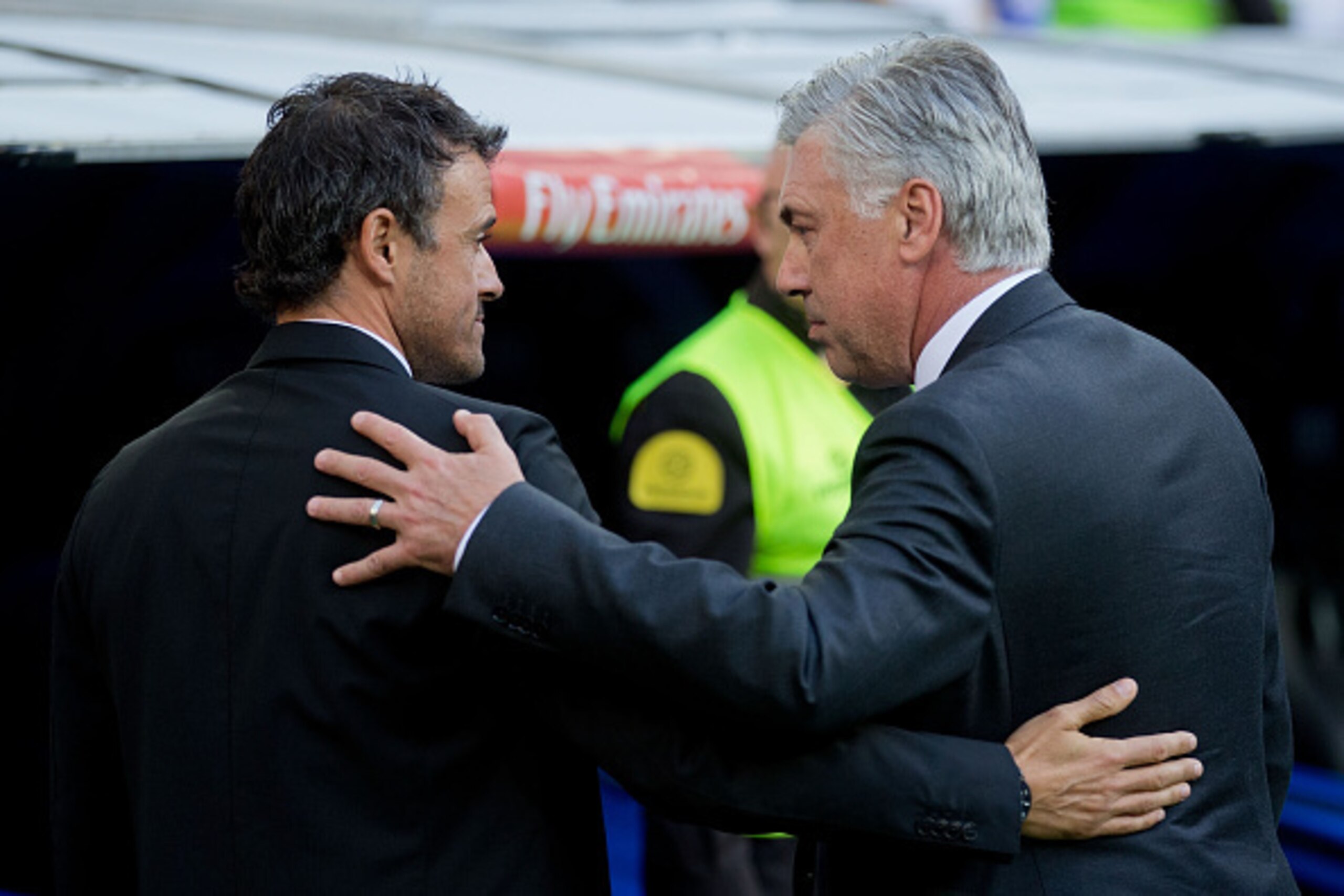 MADRID, SPAIN - OCTOBER 25: Head coach Carlo Ancelotti (R) of Real Madrid CF welcomes head coach Luis Enrique Martinez (L) of FC Barcelona during the La Liga match between Real Madrid CF and FC Barcelona at Estadio Santiago Bernabeu on October 25, 2014 in MADRID, SPAIN - OCTOBER 25: Head coach Carlo Ancelotti (R) of Real Madrid CF welcomes head coach Luis Enrique Martinez (L) of FC Barcelona during the La Liga match between Real Madrid CF and FC Barcelona at Estadio Santiago Bernabeu on October 25, 2014 in