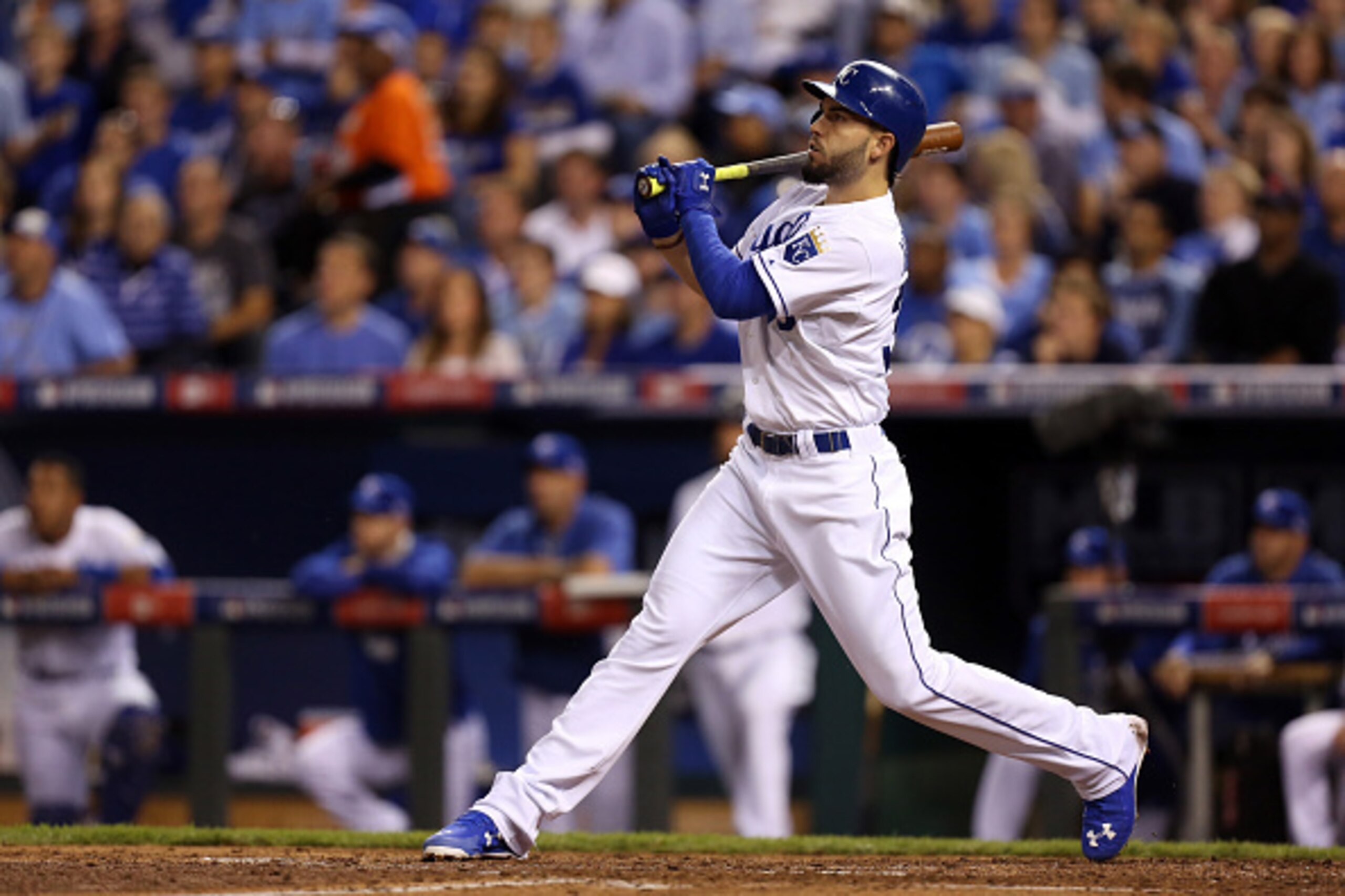 KANSAS CITY, MO - OCTOBER 05:  Eric Hosmer #35 of the Kansas City Royals hits a home run in the third inning against the Los Angeles Angels during Game Three of the American League Division Series at Kauffman Stadium on October 5, 2014 in Kansas City, Mis