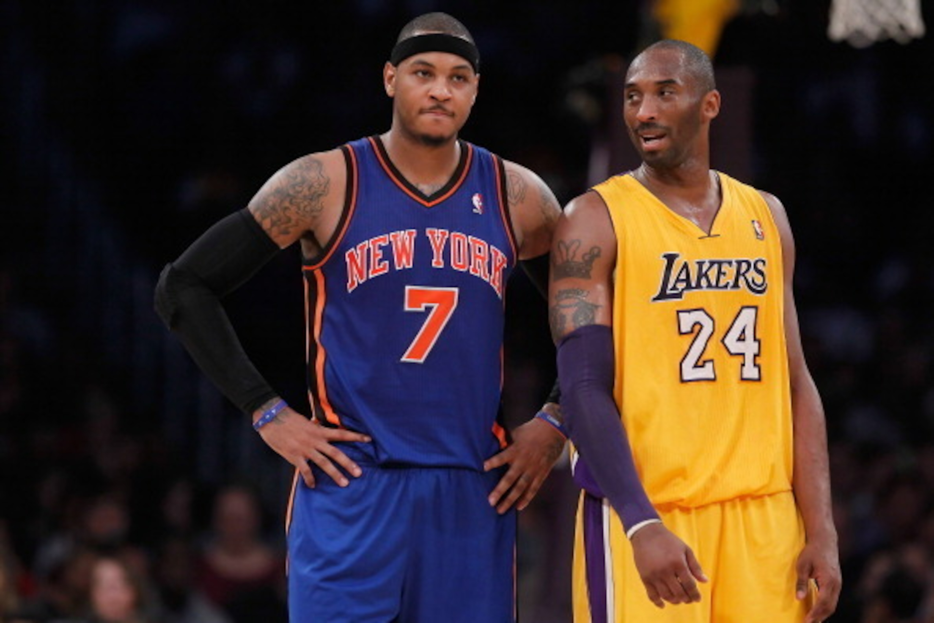 LOS ANGELES, CA - DECEMBER 29: Carmelo Anthony #7 of the New York Knicks and Kobe Bryant #24 of the Los Angeles Lakers talk during the first half at Staples Center on December 29, 2011 in Los Angeles, California. NOTE TO USER: User expressly acknowledges LOS ANGELES, CA - DECEMBER 29: Carmelo Anthony #7 of the New York Knicks and Kobe Bryant #24 of the Los Angeles Lakers talk during the first half at Staples Center on December 29, 2011 in Los Angeles, California. NOTE TO USER: User expressly acknowledges