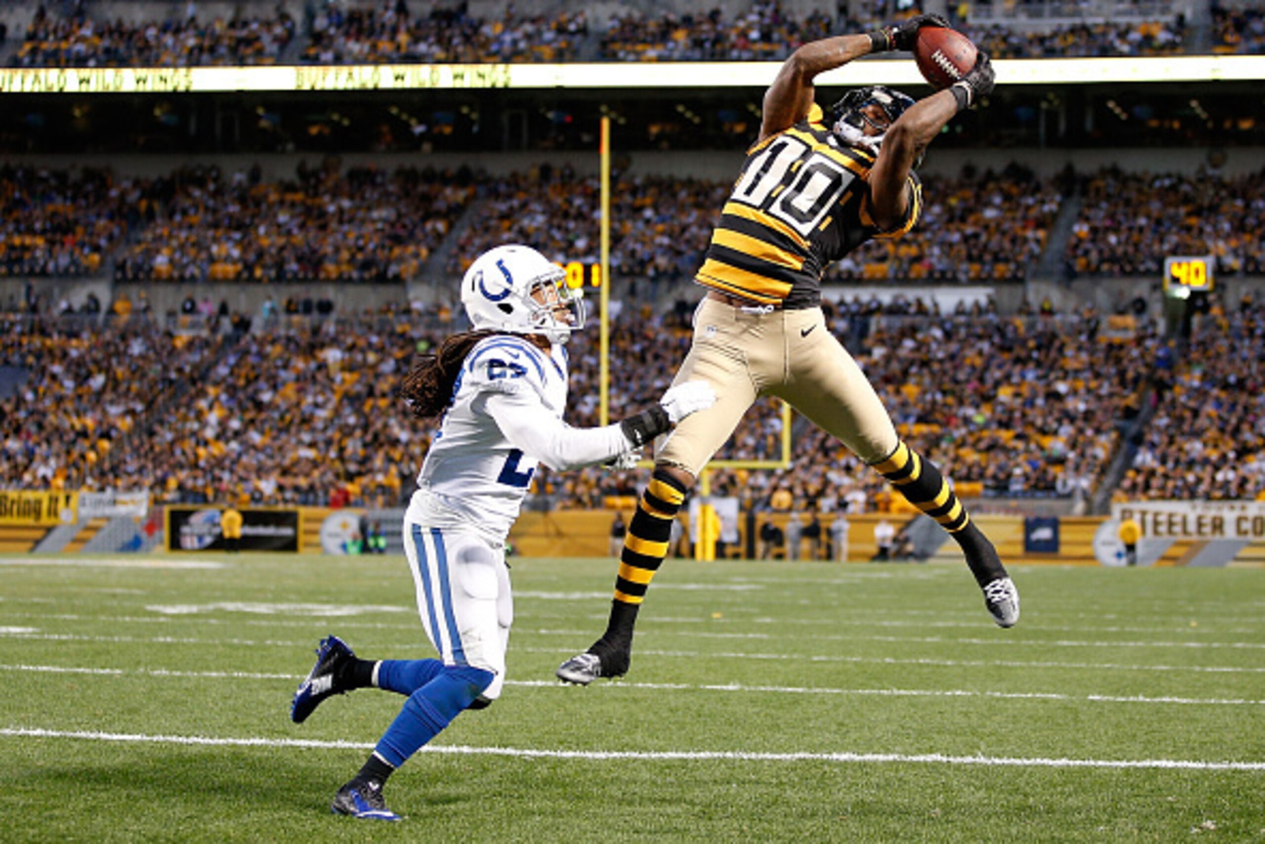 PITTSBURGH, PA - OCTOBER 26: Martavis Bryant #10 of the Pittsburgh Steelers catches his second touchdown of the game in front of Josh Gordy #27 of the Indianapolis Colts during the third quarter at Heinz Field on October 26, 2014 in Pittsburgh, Pennsylva PITTSBURGH, PA - OCTOBER 26: Martavis Bryant #10 of the Pittsburgh Steelers catches his second touchdown of the game in front of Josh Gordy #27 of the Indianapolis Colts during the third quarter at Heinz Field on October 26, 2014 in Pittsburgh, Pennsylva