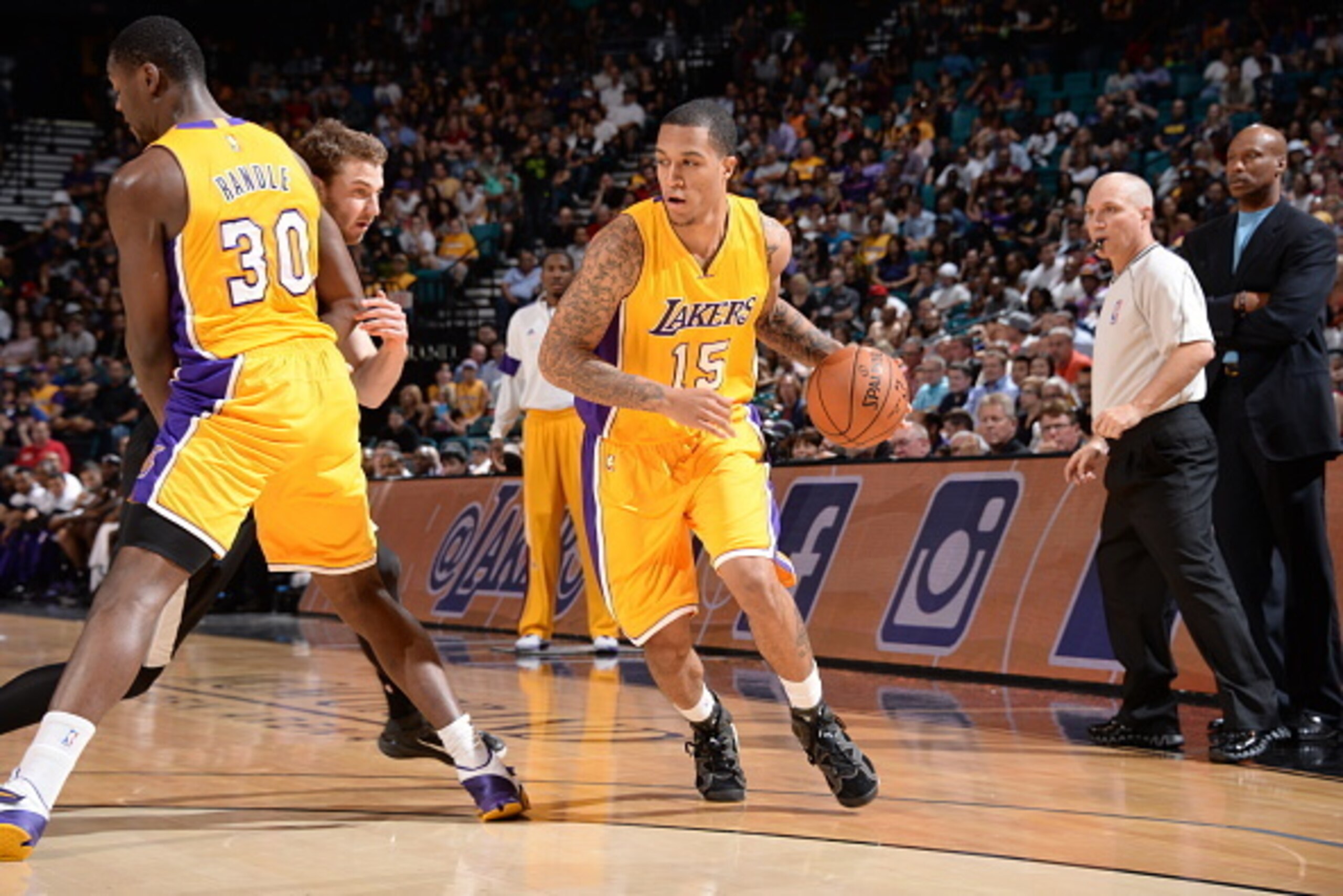 LAS VEGAS, NV - OCTOBER 24: Jabari Brown #15 of the Los Angeles Lakers handles the basketball during a game against the Sacramento Kings on October 24, 2014 at the MGM Grand Garden Arena in Las Vegas, Nevada. NOTE TO USER:  User expressly acknowledges and