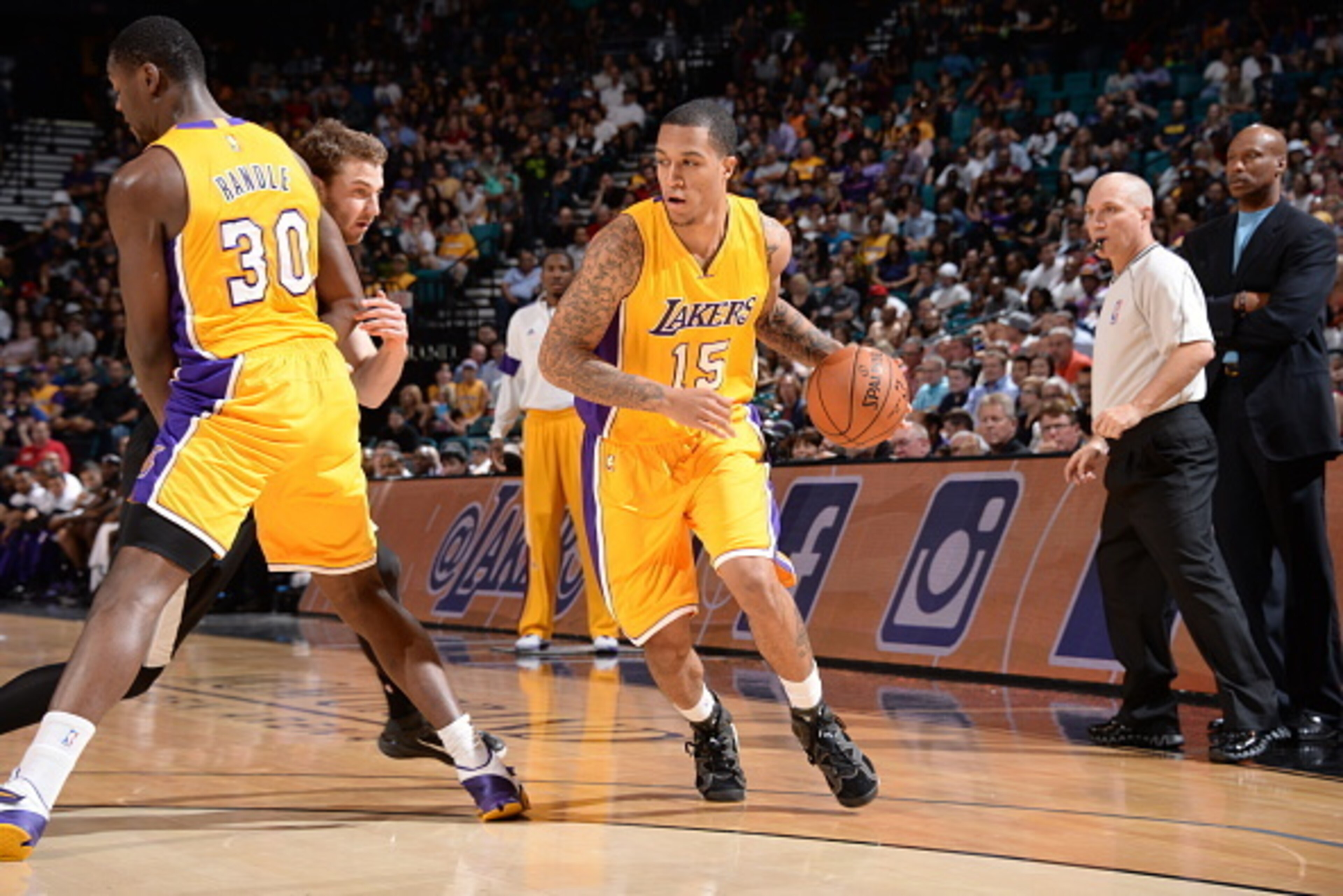 LAS VEGAS, NV - OCTOBER 24: Jabari Brown #15 of the Los Angeles Lakers handles the basketball during a game against the Sacramento Kings on October 24, 2014 at the MGM Grand Garden Arena in Las Vegas, Nevada. NOTE TO USER: User expressly acknowledges and LAS VEGAS, NV - OCTOBER 24: Jabari Brown #15 of the Los Angeles Lakers handles the basketball during a game against the Sacramento Kings on October 24, 2014 at the MGM Grand Garden Arena in Las Vegas, Nevada. NOTE TO USER: User expressly acknowledges and