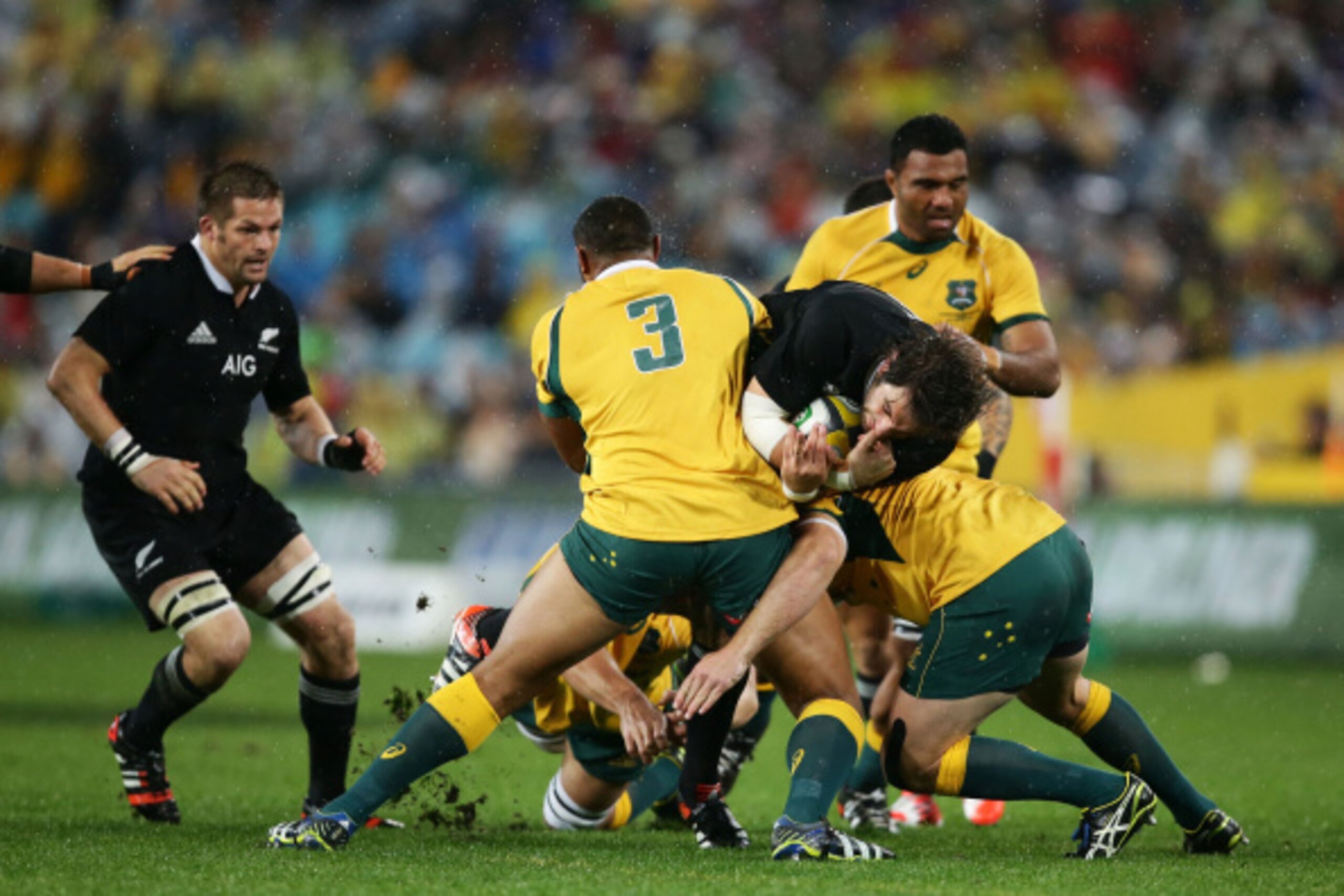 SYDNEY, AUSTRALIA - AUGUST 16: Sam Whitelock of the All Blacks is tackled during The Rugby Championship match between the Australian Wallabies and the New Zealand All Blacks at ANZ Stadium on August 16, 2014 in Sydney, Australia. (Photo by Matt King/Get SYDNEY, AUSTRALIA - AUGUST 16: Sam Whitelock of the All Blacks is tackled during The Rugby Championship match between the Australian Wallabies and the New Zealand All Blacks at ANZ Stadium on August 16, 2014 in Sydney, Australia. (Photo by Matt King/Get