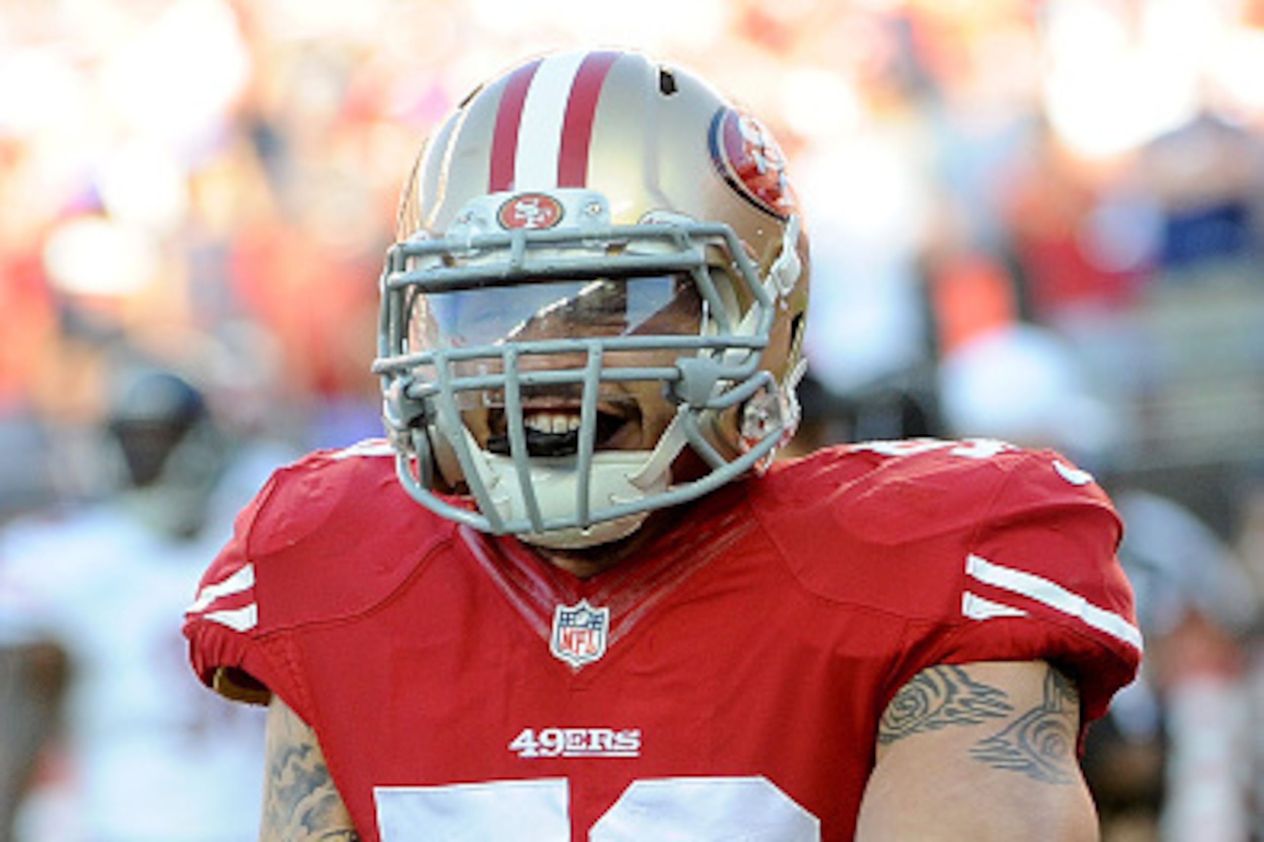 SANTA CLARA, CA - SEPTEMBER 14: Linebacker Aaron Lynch #59 of the San Francisco 49ers reacts after blocking a punt against the Chicago Bears during their game at Levi's Stadium on September 14, 2014 in Santa Clara, California. (Photo by Noah Graham/Gett SANTA CLARA, CA - SEPTEMBER 14: Linebacker Aaron Lynch #59 of the San Francisco 49ers reacts after blocking a punt against the Chicago Bears during their game at Levi's Stadium on September 14, 2014 in Santa Clara, California. (Photo by Noah Graham/Gett