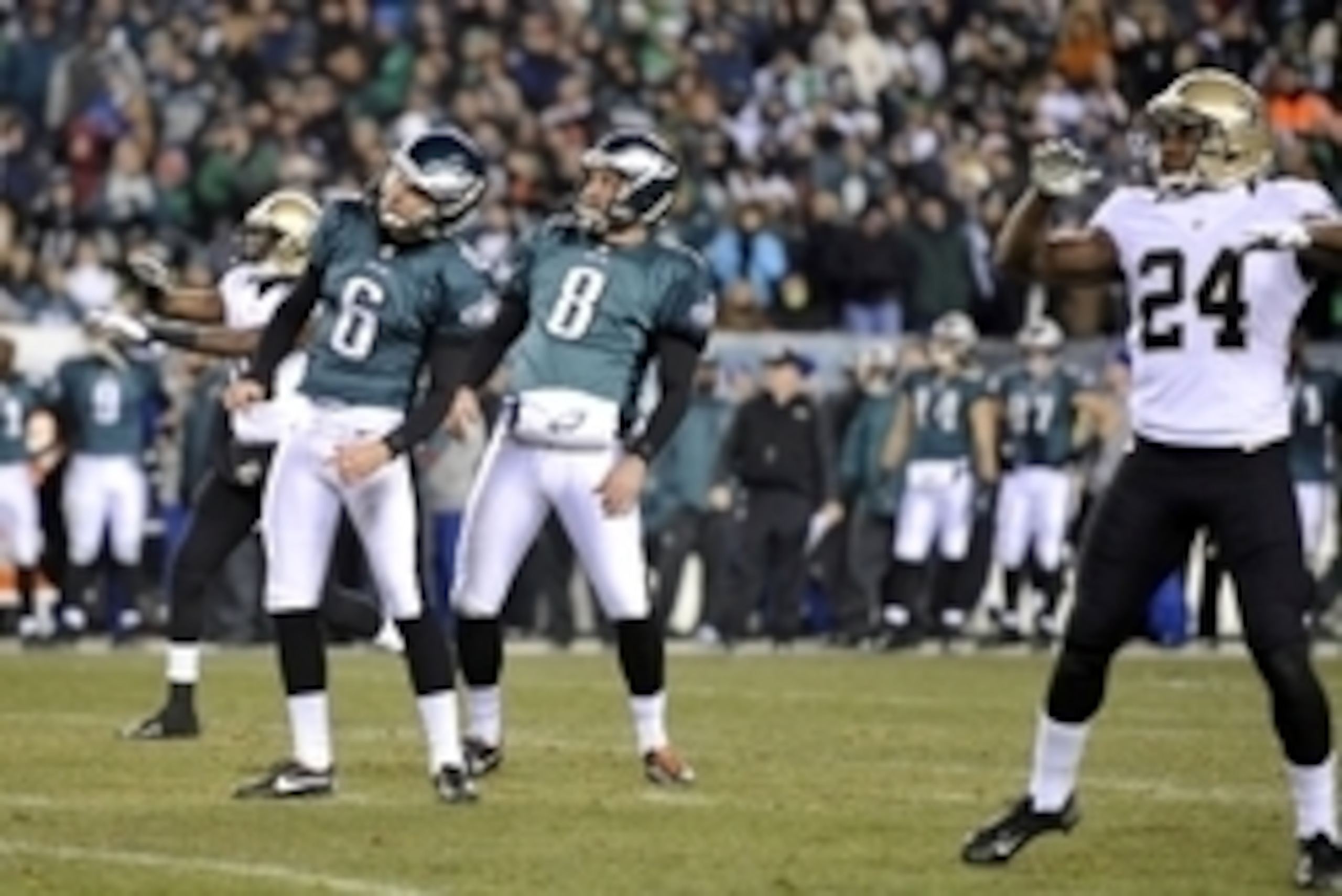 Jan 4, 2014; Philadelphia, PA, USA; Philadelphia Eagles kicker Alex Henery (6) and punter Donnie Jones (8) react after a missed field goal against the New Orleans Saints during the first half 2013 NFC wild card playoff football game at Lincoln Financial F Jan 4, 2014; Philadelphia, PA, USA; Philadelphia Eagles kicker Alex Henery (6) and punter Donnie Jones (8) react after a missed field goal against the New Orleans Saints during the first half 2013 NFC wild card playoff football game at Lincoln Financial F