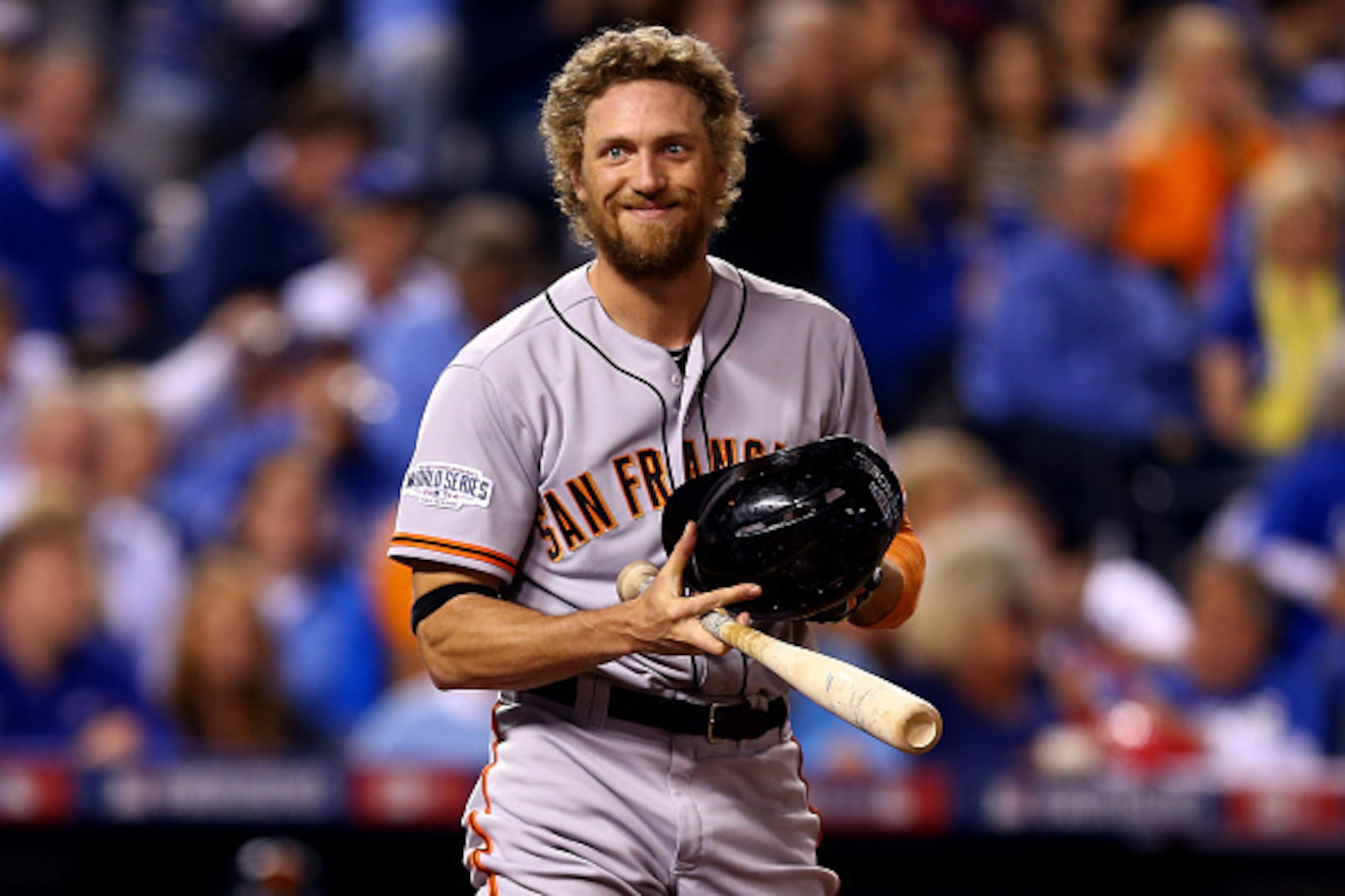 KANSAS CITY, MO - OCTOBER 22: Hunter Pence #8 of the San Francisco Giants reacts in the first inning against the Kansas City Royals during Game Two of the 2014 World Series at Kauffman Stadium on October 22, 2014 in Kansas City, Missouri.  (Photo by Elsa/