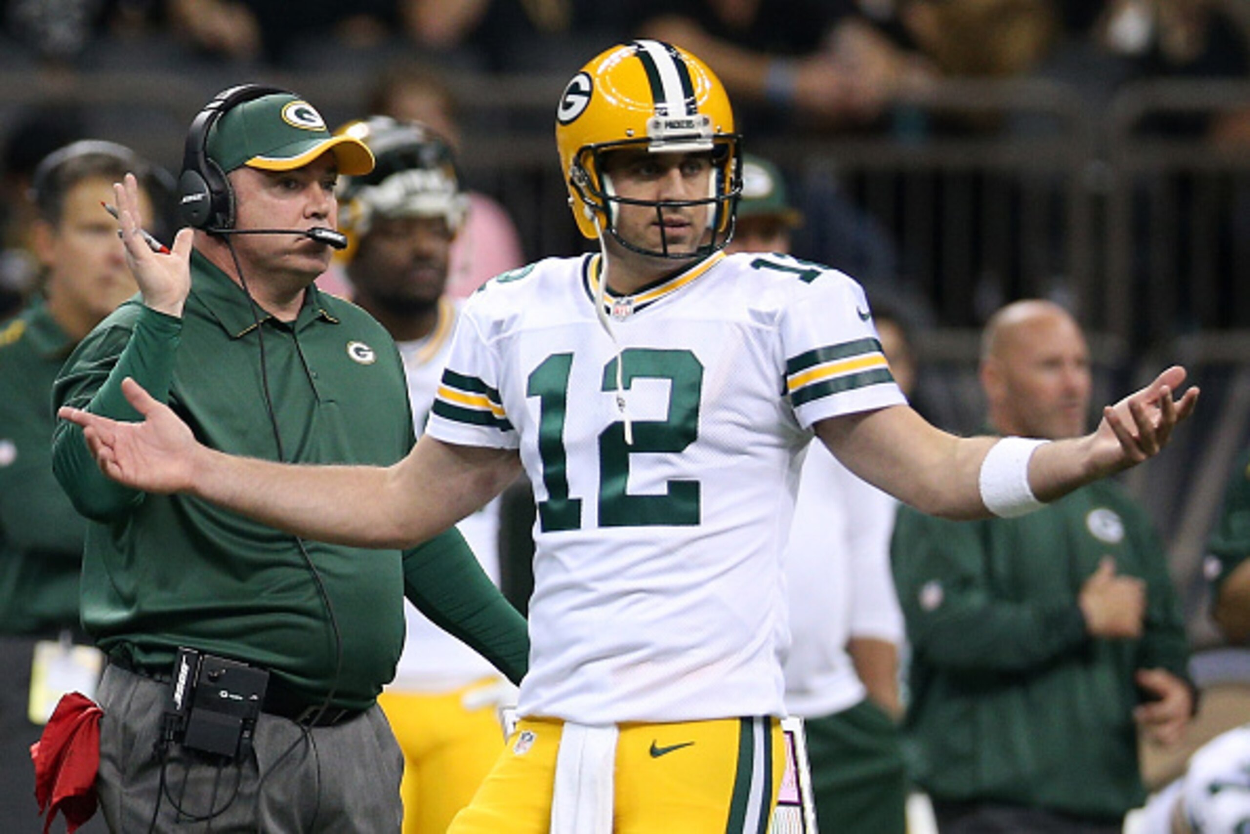 NEW ORLEANS, LA - OCTOBER 26:  Aaron Rodgers #12 of the Green Bay Packers against the New Orleans Saints at Mercedes-Benz Superdome on October 26, 2014 in New Orleans, Louisiana.  (Photo by Chris Graythen/Getty Images)