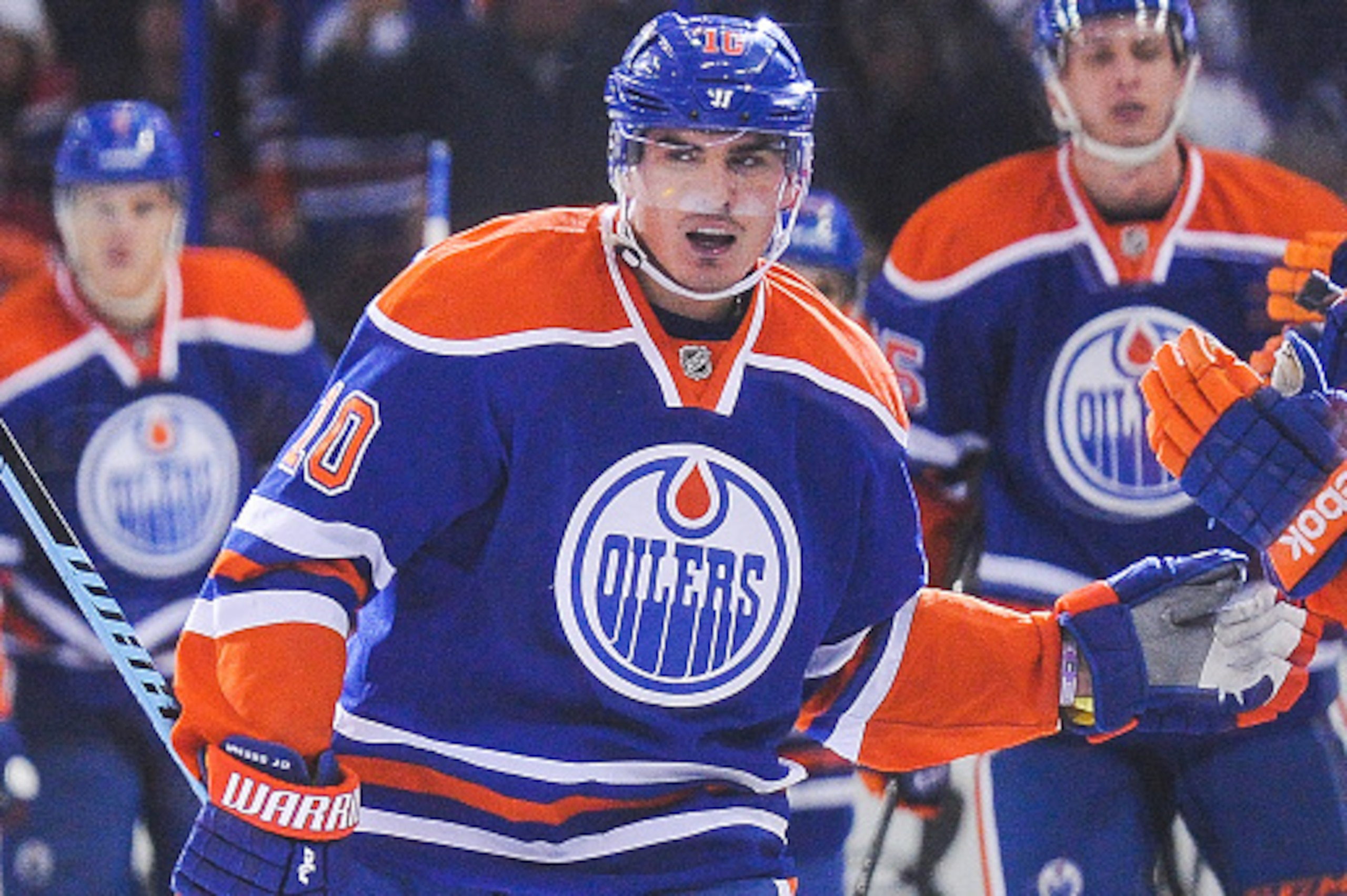 EDMONTON, AB - OCTOBER 27:  Nail Yakupov #10 of the Edmonton Oilers celebrates after scoring his team's second goal against the Montreal Canadiens during an NHL game at Rexall Place on October 27, 2014 in Edmonton, Alberta, Canada. (Photo by Derek Leung/G