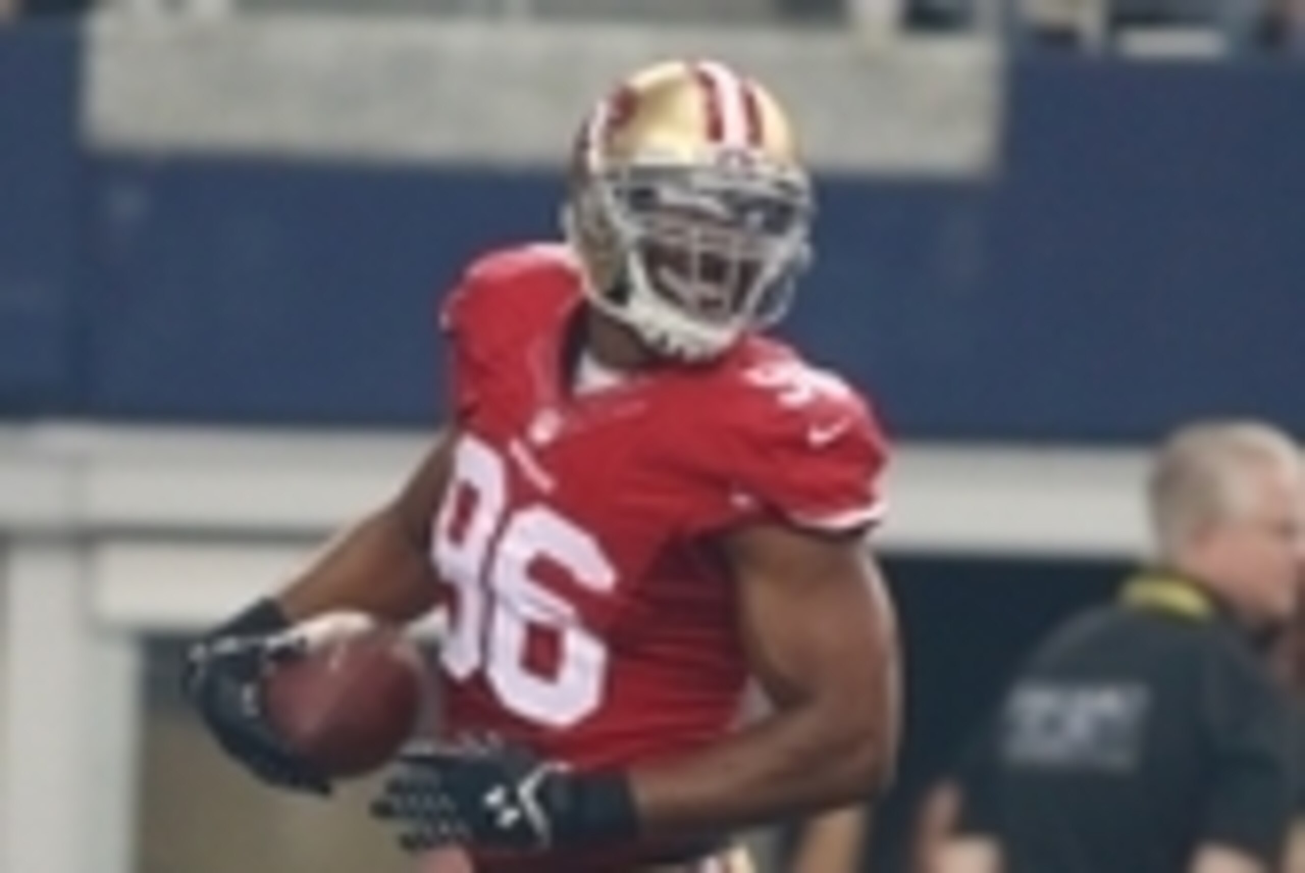 Sep 7, 2014; Arlington, TX, USA; San Francisco 49ers linebacker Corey Lemonier (96) returns a fumble for a touchdown against the Dallas Cowboys at AT&T Stadium. The play was called back. San Francisco beat Dallas 28-17. Mandatory Credit: Tim Heitman-USA T Sep 7, 2014; Arlington, TX, USA; San Francisco 49ers linebacker Corey Lemonier (96) returns a fumble for a touchdown against the Dallas Cowboys at AT&T Stadium. The play was called back. San Francisco beat Dallas 28-17. Mandatory Credit: Tim Heitman-USA T
